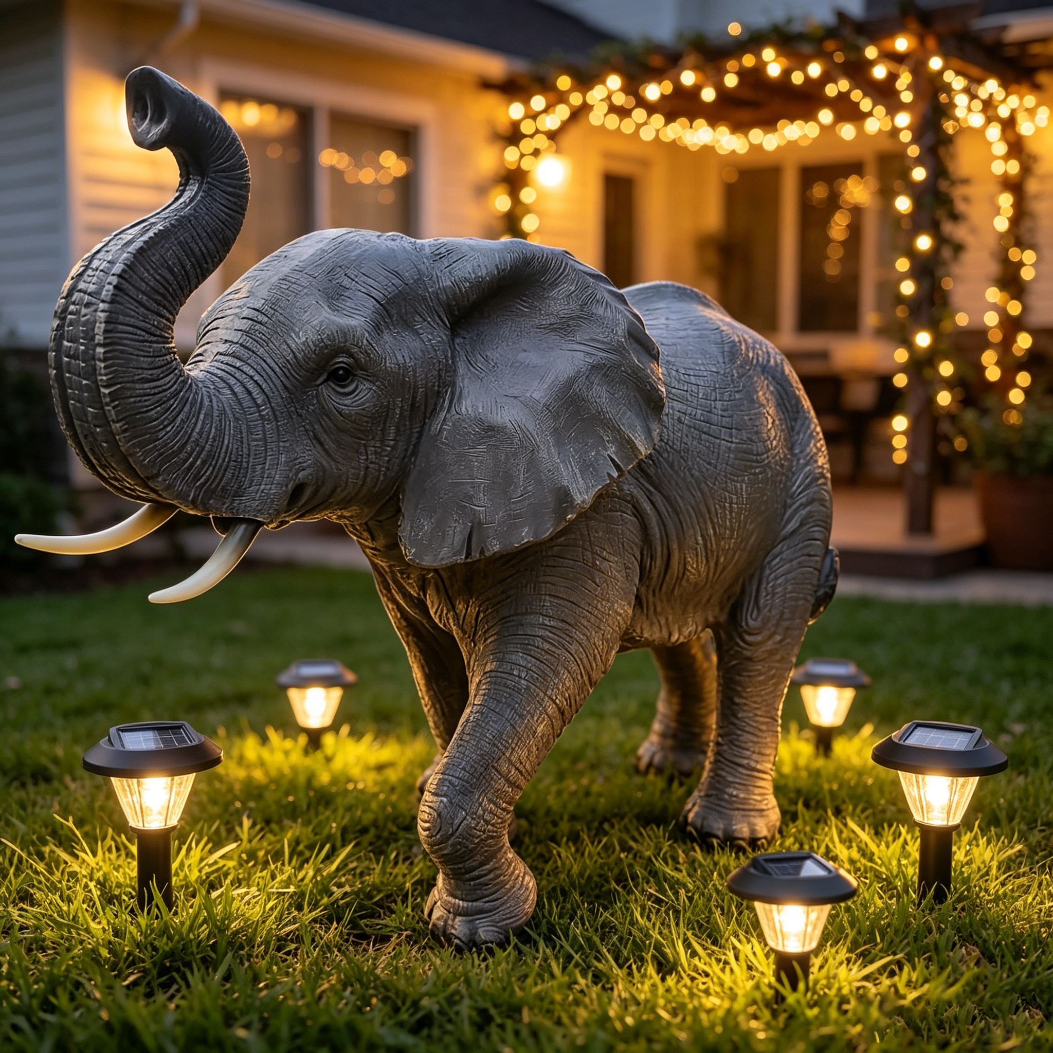 20'' Tall Resin Elephant Statue with Raised Trunk, Weather Resistant Outdoor Elephant Sculpture Decor for Yard, Lawn, Patio, Front Porch & Garden Ornament