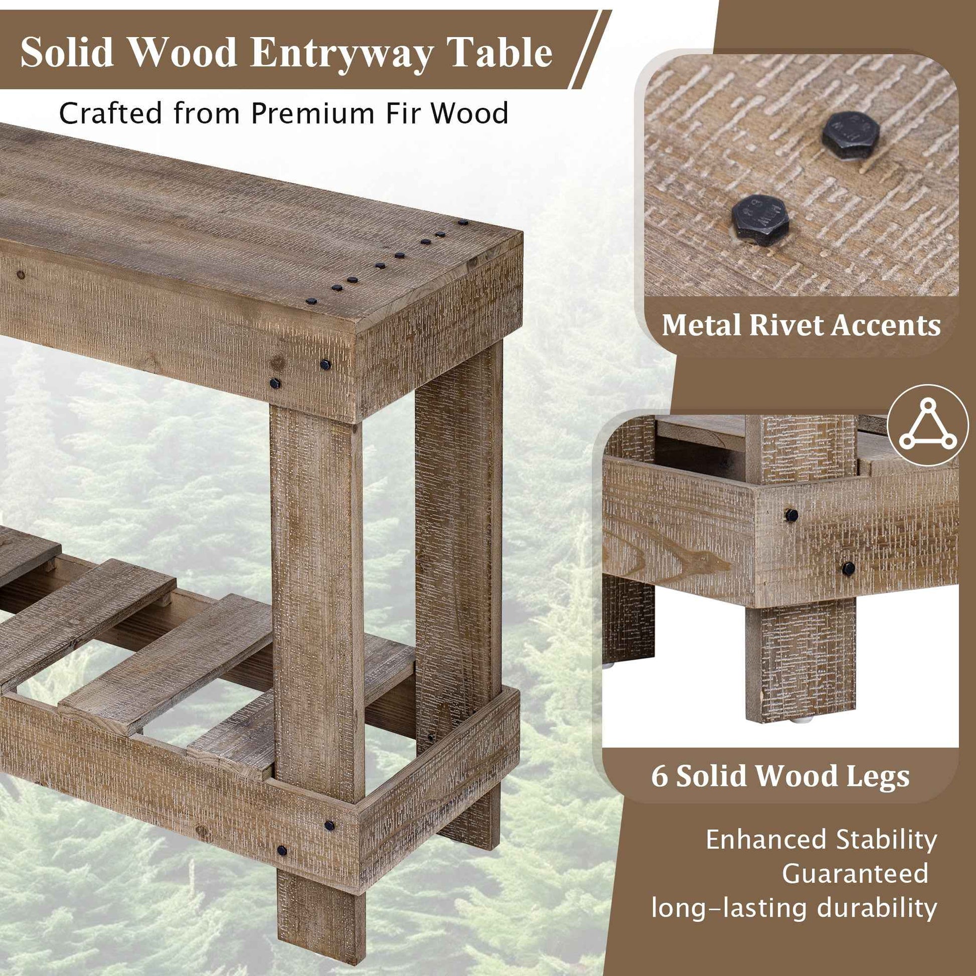 U_Style 62.9' Vintage Entryway Table - Fir Solid Wood with Natural Grain, 6 Reinforced Legs & 4.5' Thick Desktop, Metal Rivet Decor & Plank Under-Shelf, Console Table for Hallway, Living Room