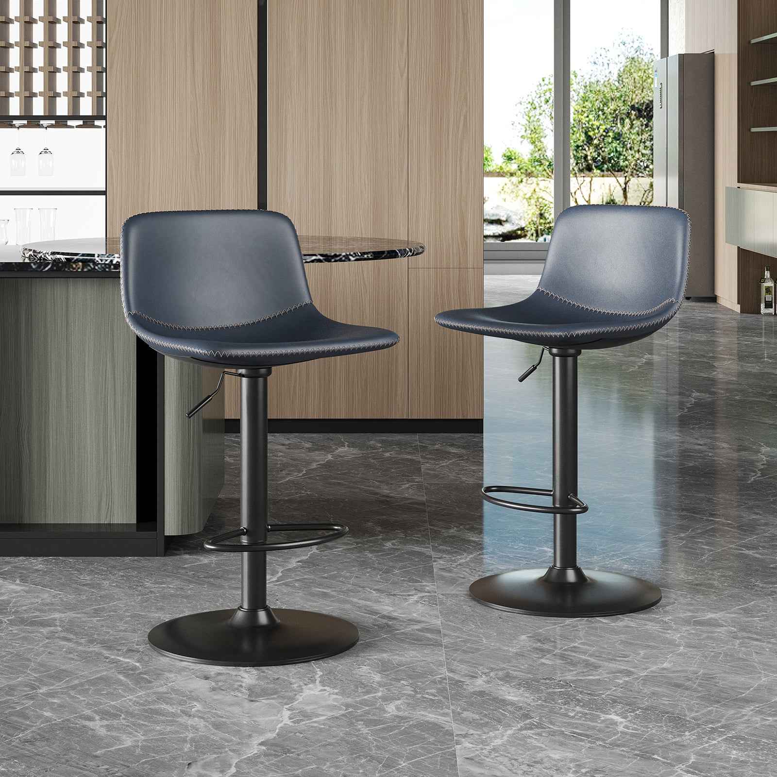 Adjustable Bar Stools Set of 2, Mid Century Modern Swivel Bar Stools, Industrial Bar Height Stools With Back Support Counter Height Bar Chairs Pu Leather Bar Stool for Kitchen Island Rustic Barstools