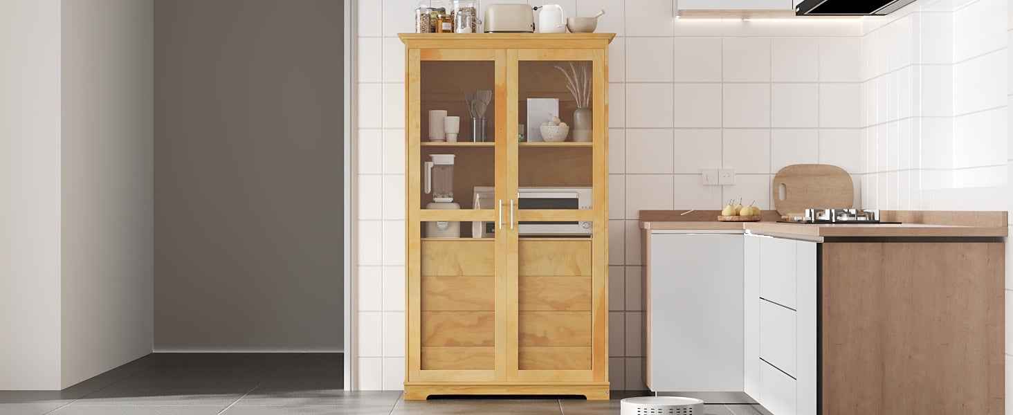 TOPMAX 44.7x20x75inch Kitchen Pantry, Freestanding Kitchen Storage Cabinet Display Cabinet with Glass Doors and 4 Built-in Drawers for Living Room, Home Office, Natural