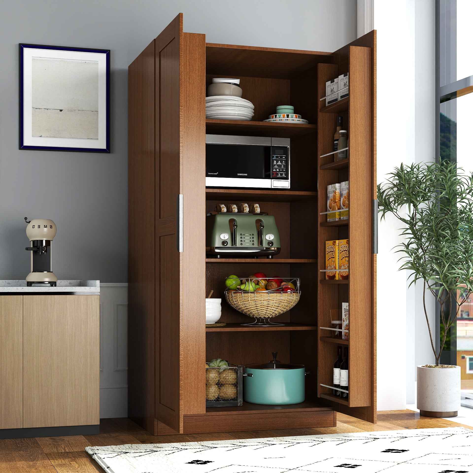 62.99in Kitchen Pantry Cabinet, Walnut  Freestanding Buffet Cupboards Sideboard with Doors &  Shelves, Kitchen Pantry Storage Cabinet for Kitchen, Living Room and Dinning Room