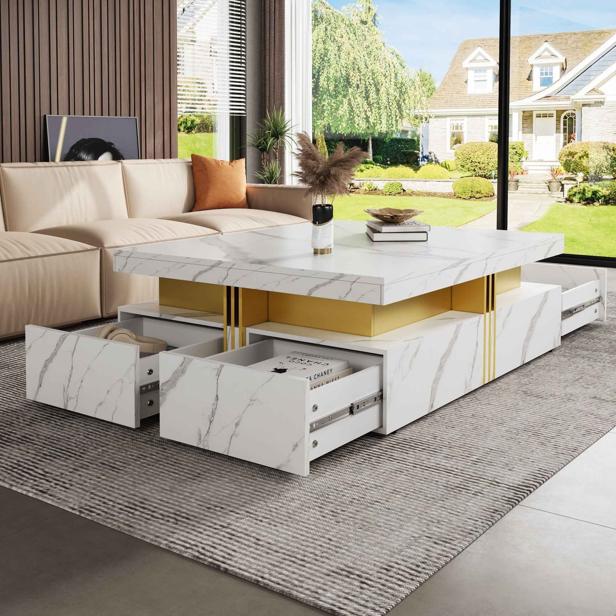 Modern White Square Storage Coffee Table with 4 Drawers