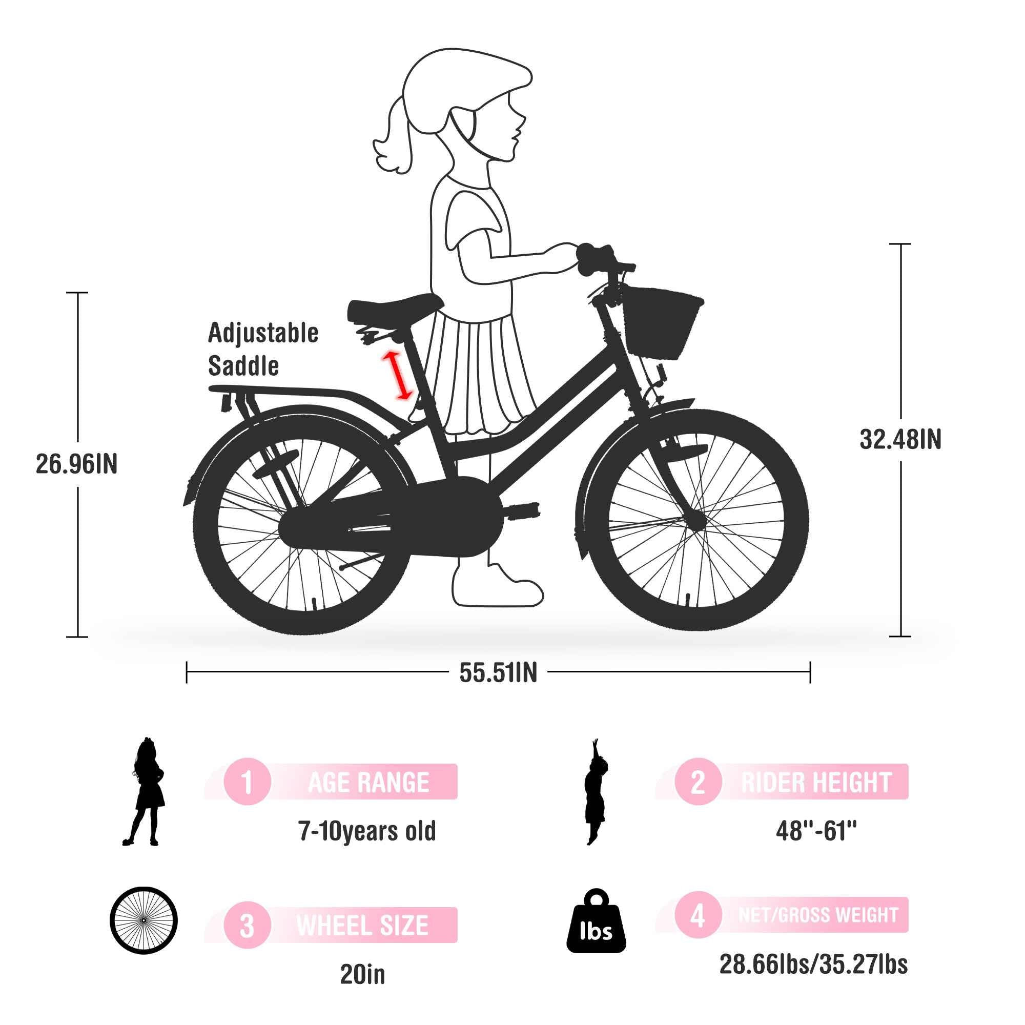 Multiple Colors,Girls Bike with Basket for 7-10 Years Old Kids,20 inch  wheel ,No Training Wheels Included