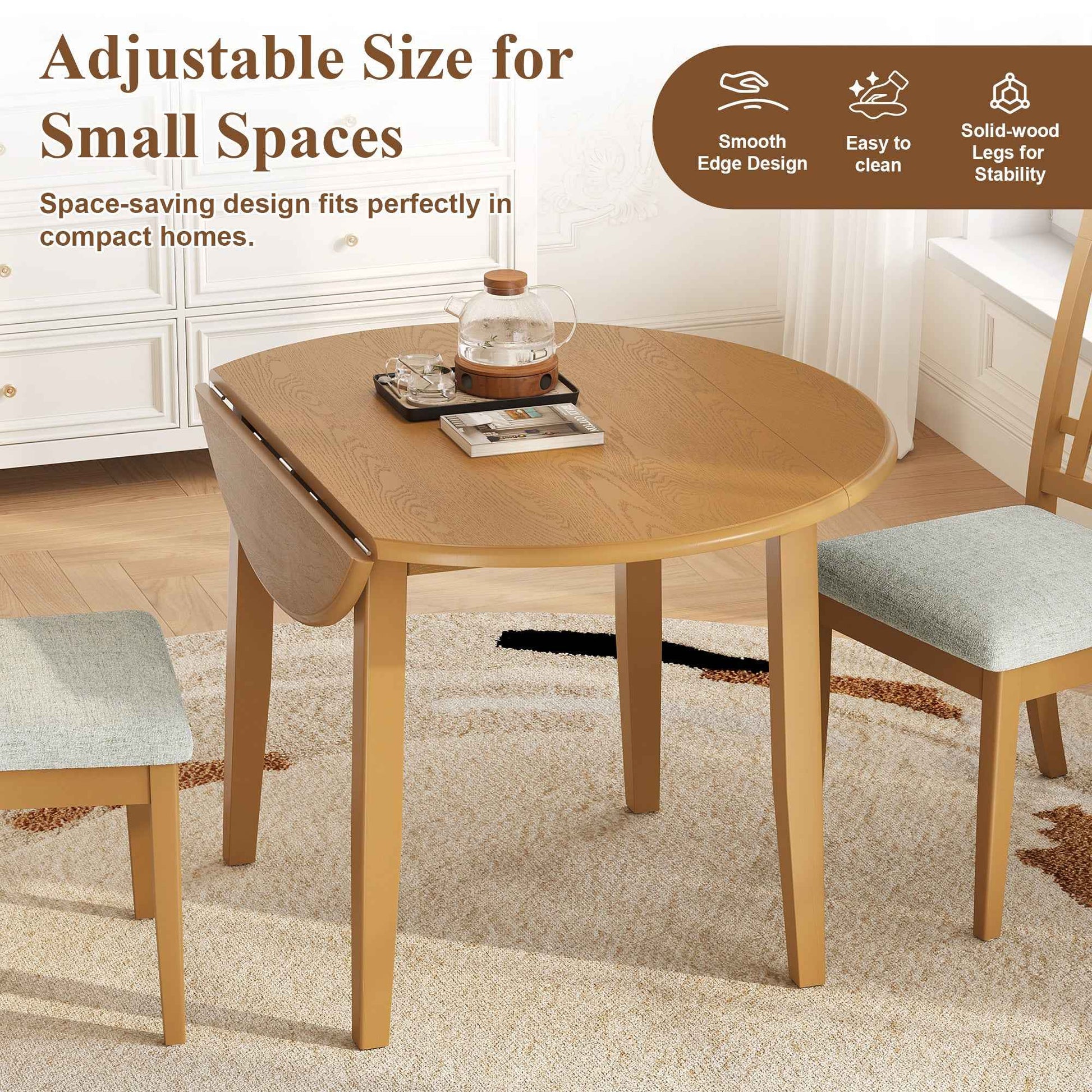 Extendable Round Dining Table for 2–4 People, Folding Wood Dining Table with Adjustable Size, Space-Saving Design for Small Apartments and Dining Areas - LIGHT BROWN