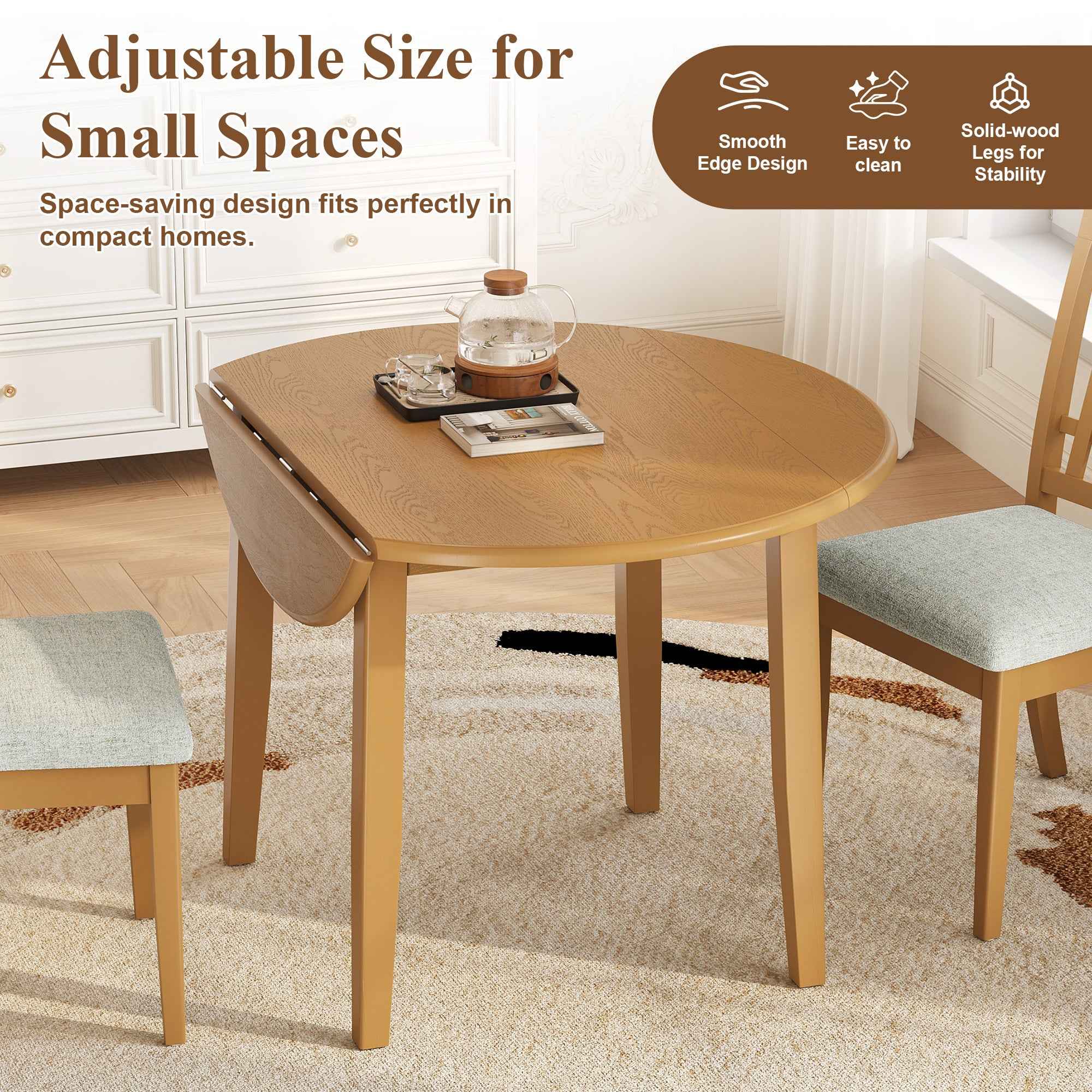 Extendable Round Dining Table for 2–4 People, Folding Wood Dining Table with Adjustable Size, Space-Saving Design for Small Apartments and Dining Areas - LIGHT BROWN
