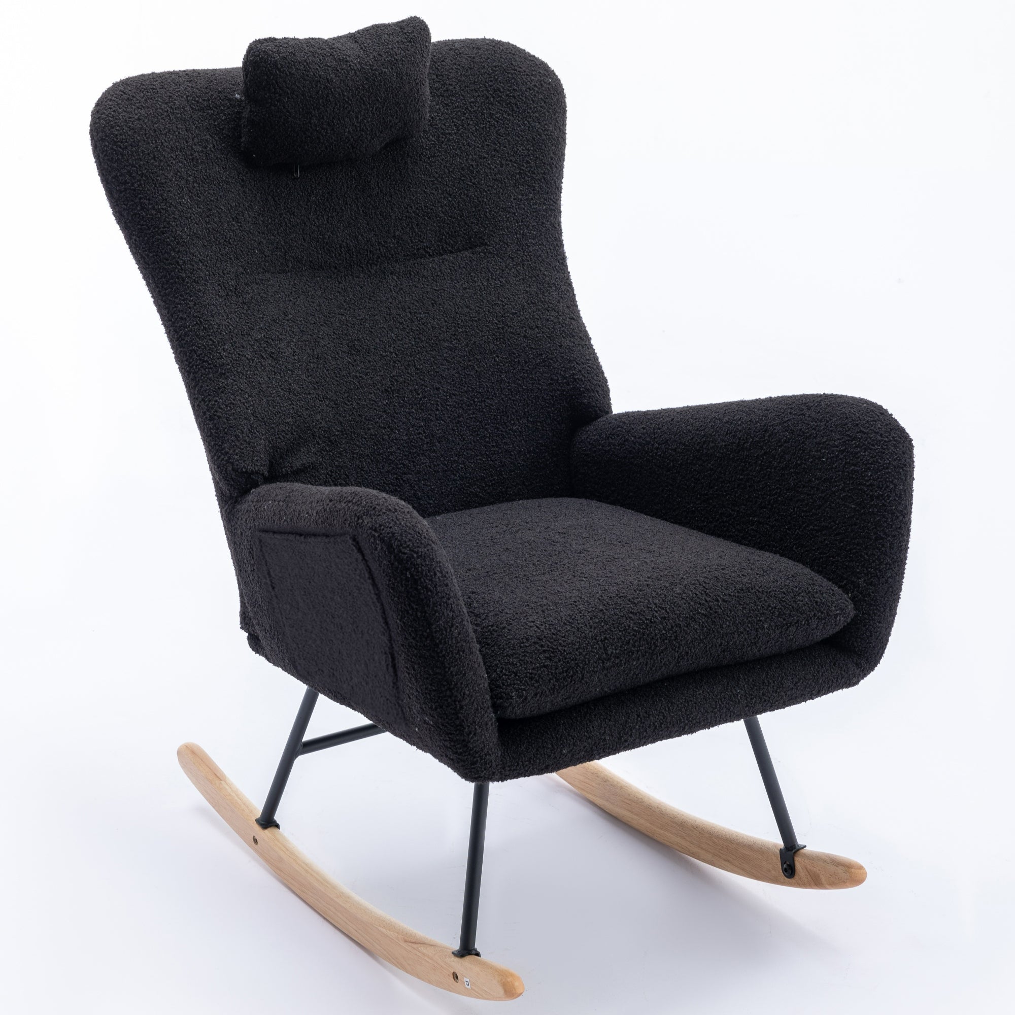 35.5 inch Rocking Chair with Pocket, Soft Teddy Fabric Rocking Chair for Nursery, Comfy Wingback Glider Rocker with Safe Solid Wood Base for Living Room Bedroom Balcony (black)