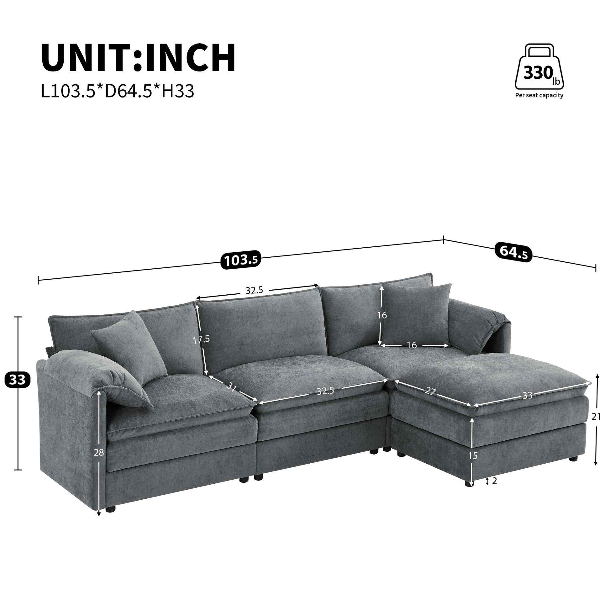 Chenille Modular Sectional Sofa with Deep and Wide Seat in Dark Gray, L Shaped Cloud Couch Set with Double Cushions, 4 Seat Sofa with Movable Ottoman