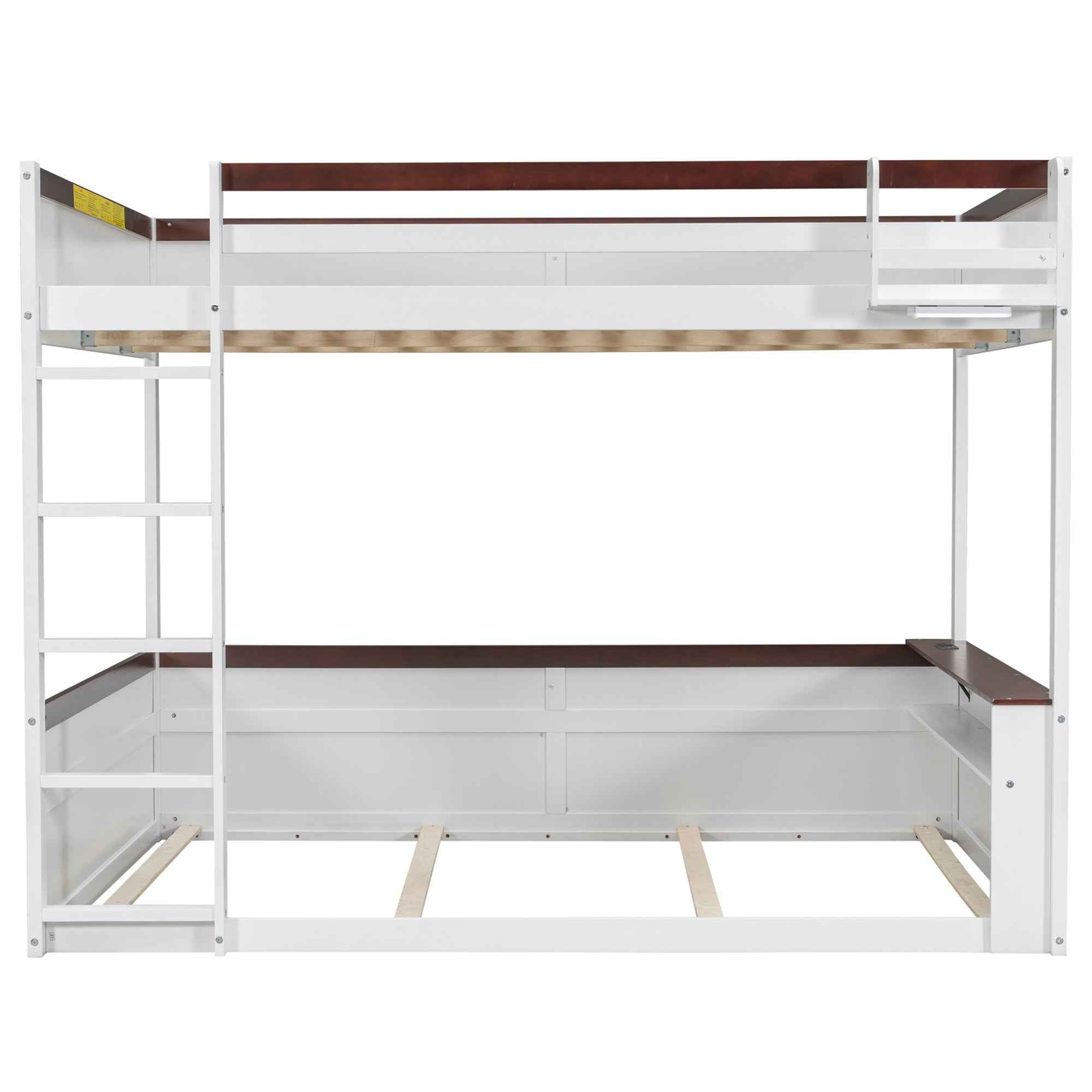 White Queen Size Wooden Bunk Bed with Built-in Shelves, Storage Box, LED Light, and USB Charging Station - Pine Wood + MDF