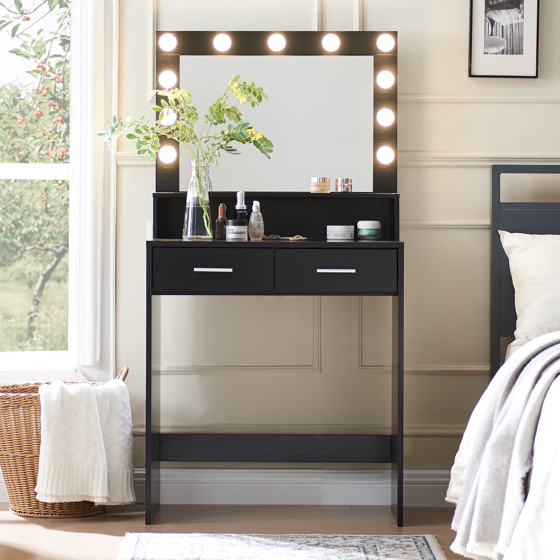 Vanity Desk with Mirror and Lights, Dressing Table with Large Drawer, 2 Level Storage Dresser & 3 Lighting Modes Adjustable Brightness, Suitable for Bedroom(Black)