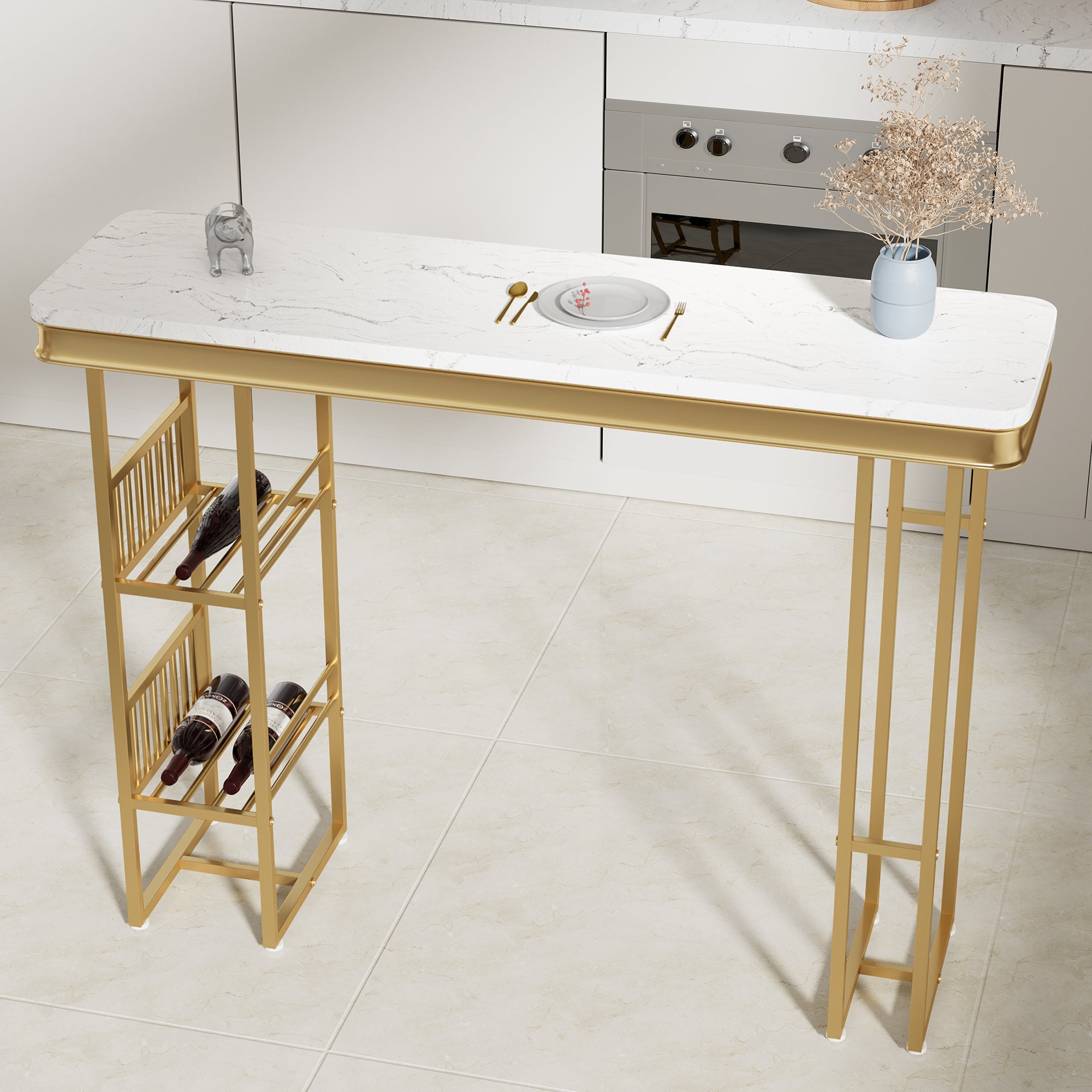 55.1" Modern Straight Bar Table with Shelves in White & Gold