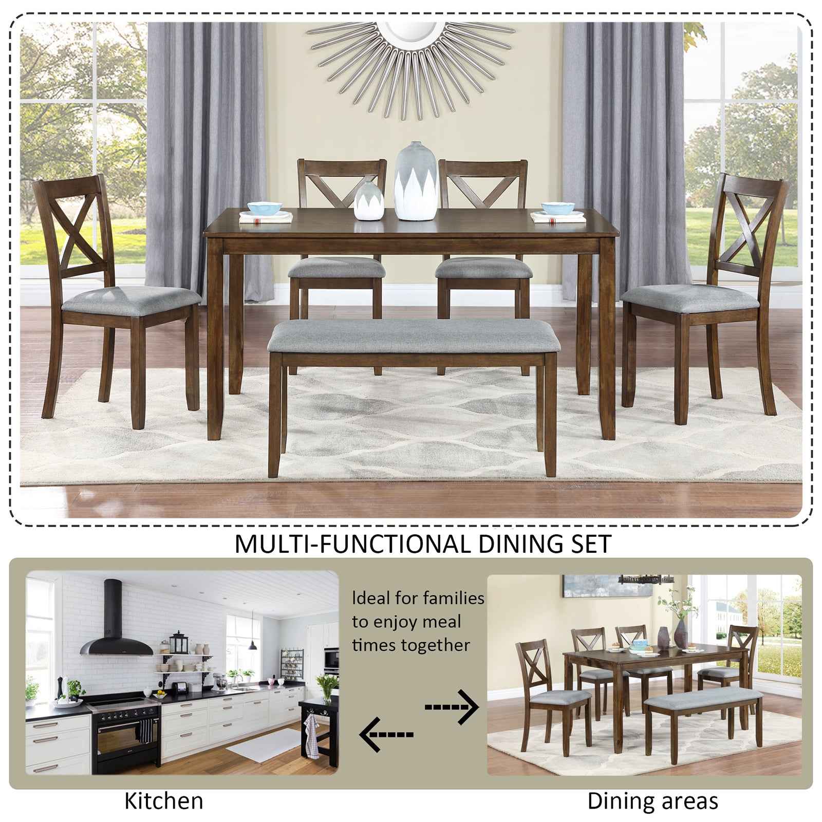 6PCs Kitchen Dining Set, Rectangular Wooden Dining Table with 4 Upholstered Chairs and a Bench, Dining Table Set for 6 People, Living Room, Home Bar and Kitchen, Walnut