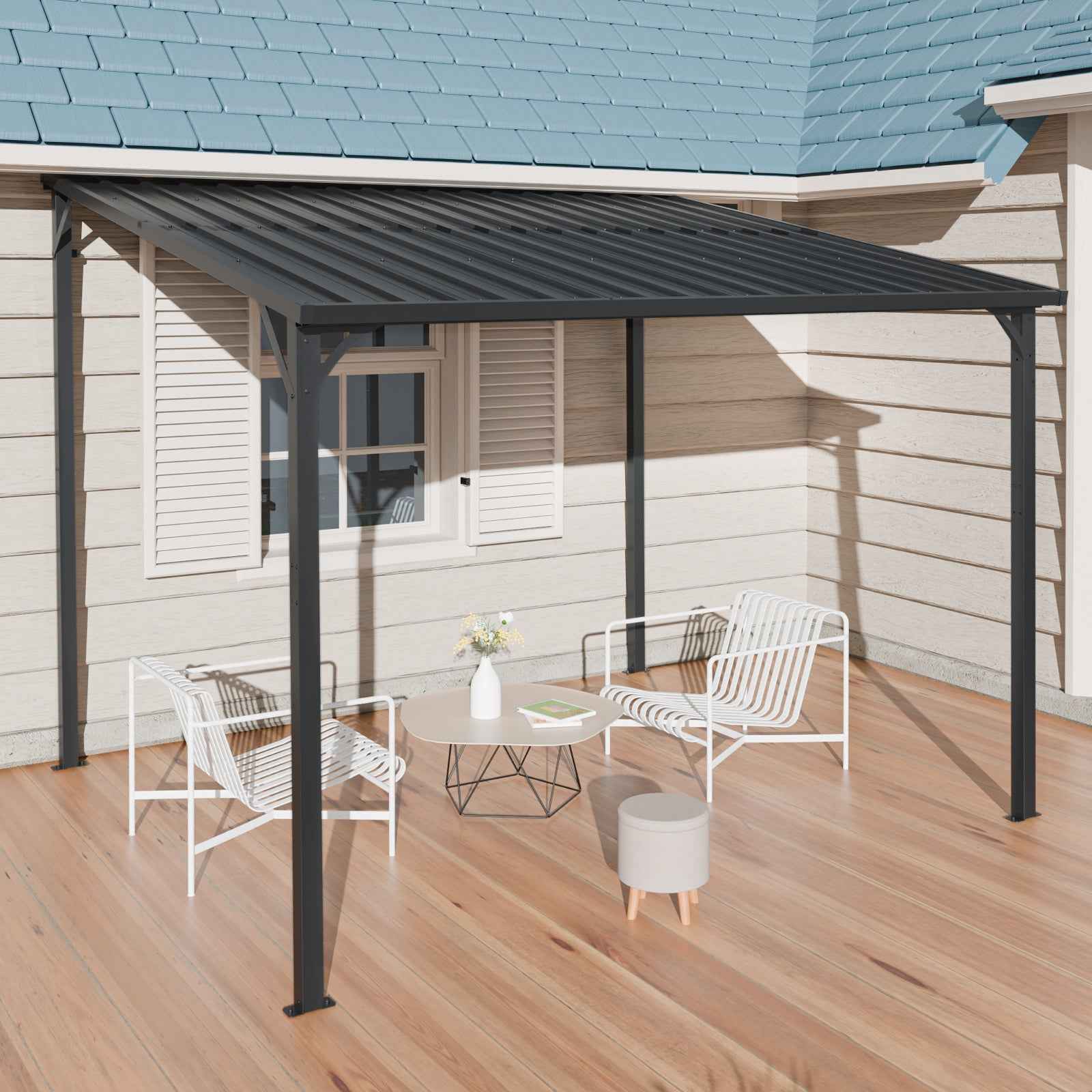 Outdoor Pergola 8' x 10' Metal Inclined Roof Pergolas Waterproof Wall-mounted iron sheet shed Gazebo for Patio,Garden,Yard