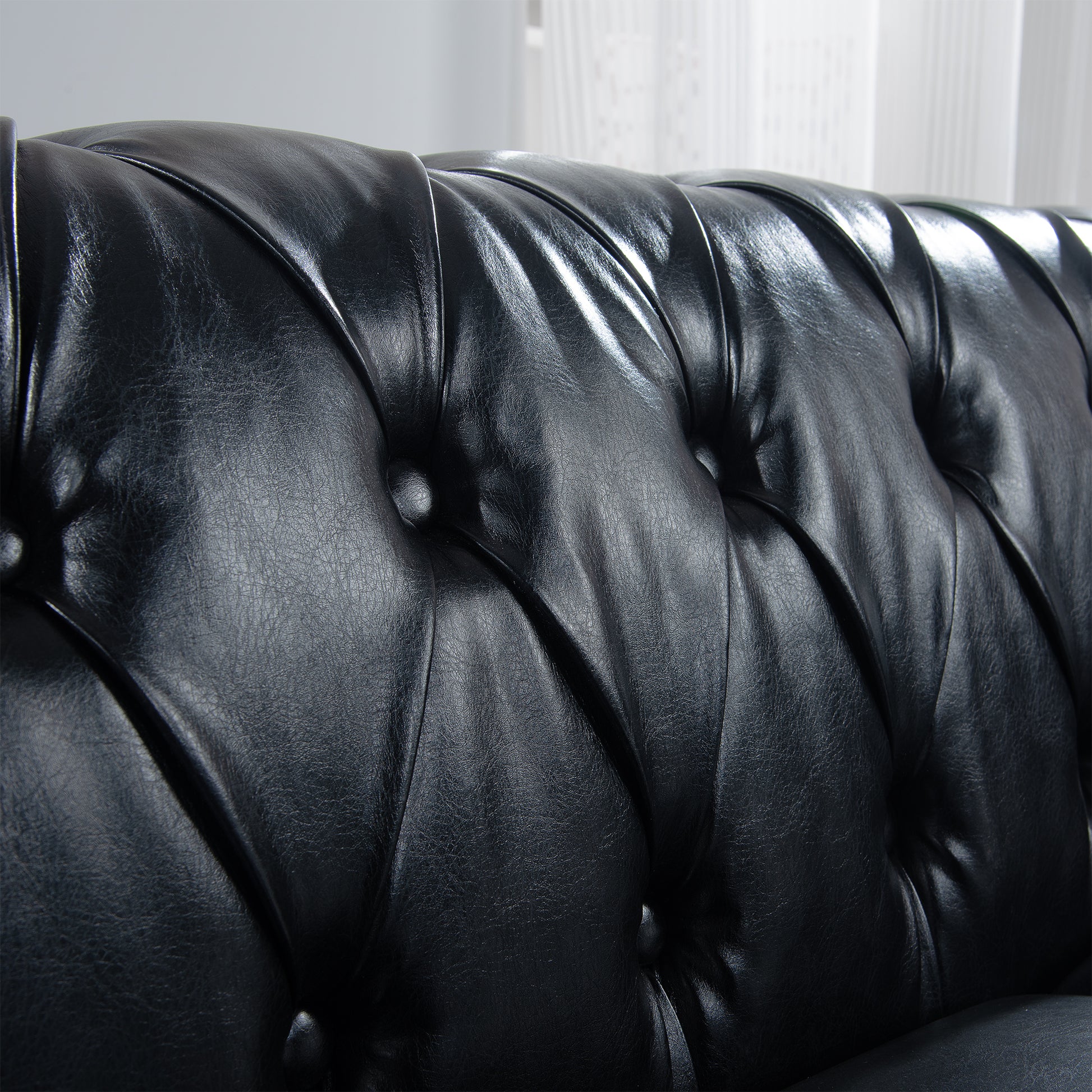 84.65" BLACK PU Rolled Arm Chesterfield Three Seater Sofa. - Abrihome