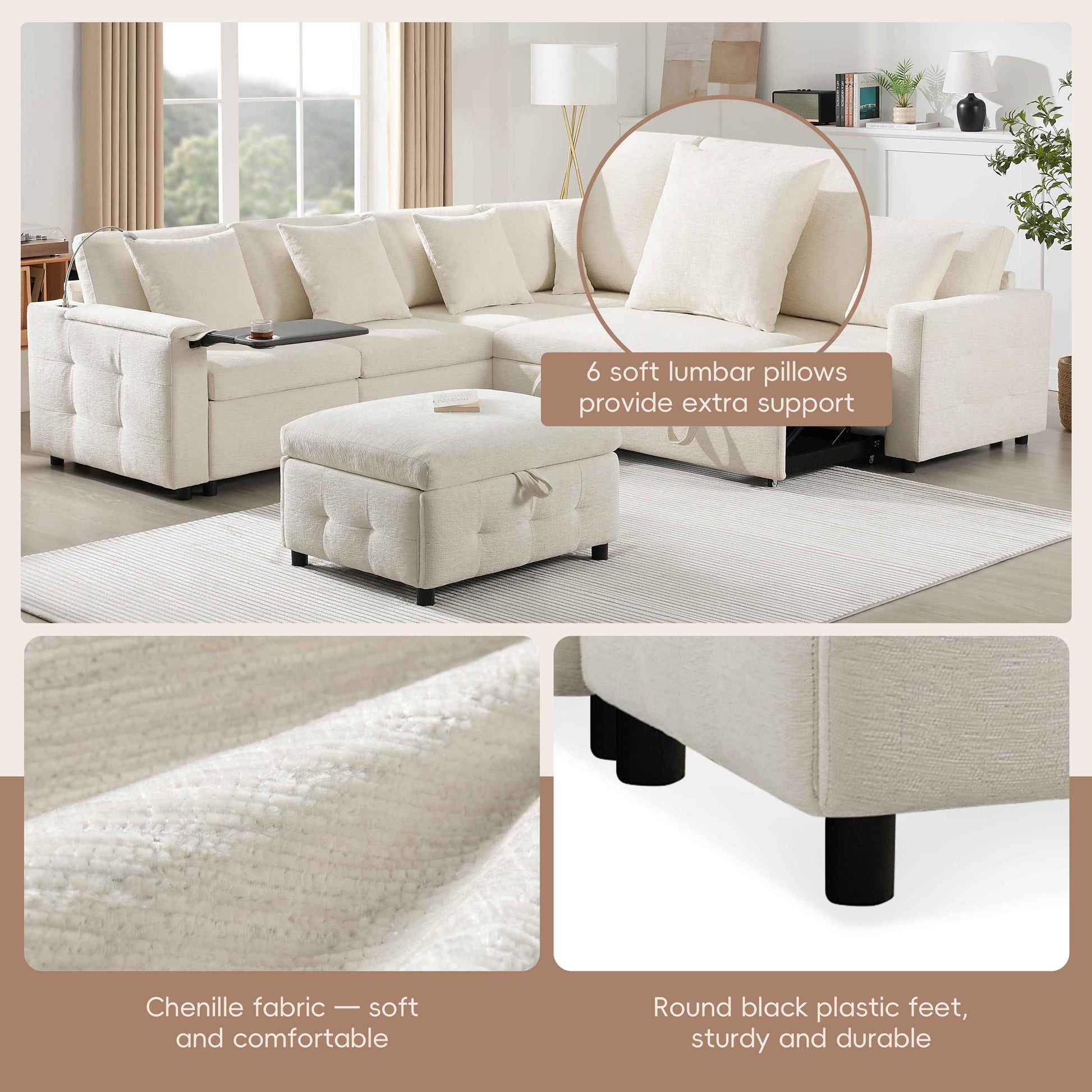 117*90'' Modular Sectional Pull-out Sofa Bed with Flip-up Table Panel, Reading Lamp, Charging Ports, Storage Ottoman, Tufted Design, 6 Pillows, Oversize & Free Combination, Chenille, 2 colors