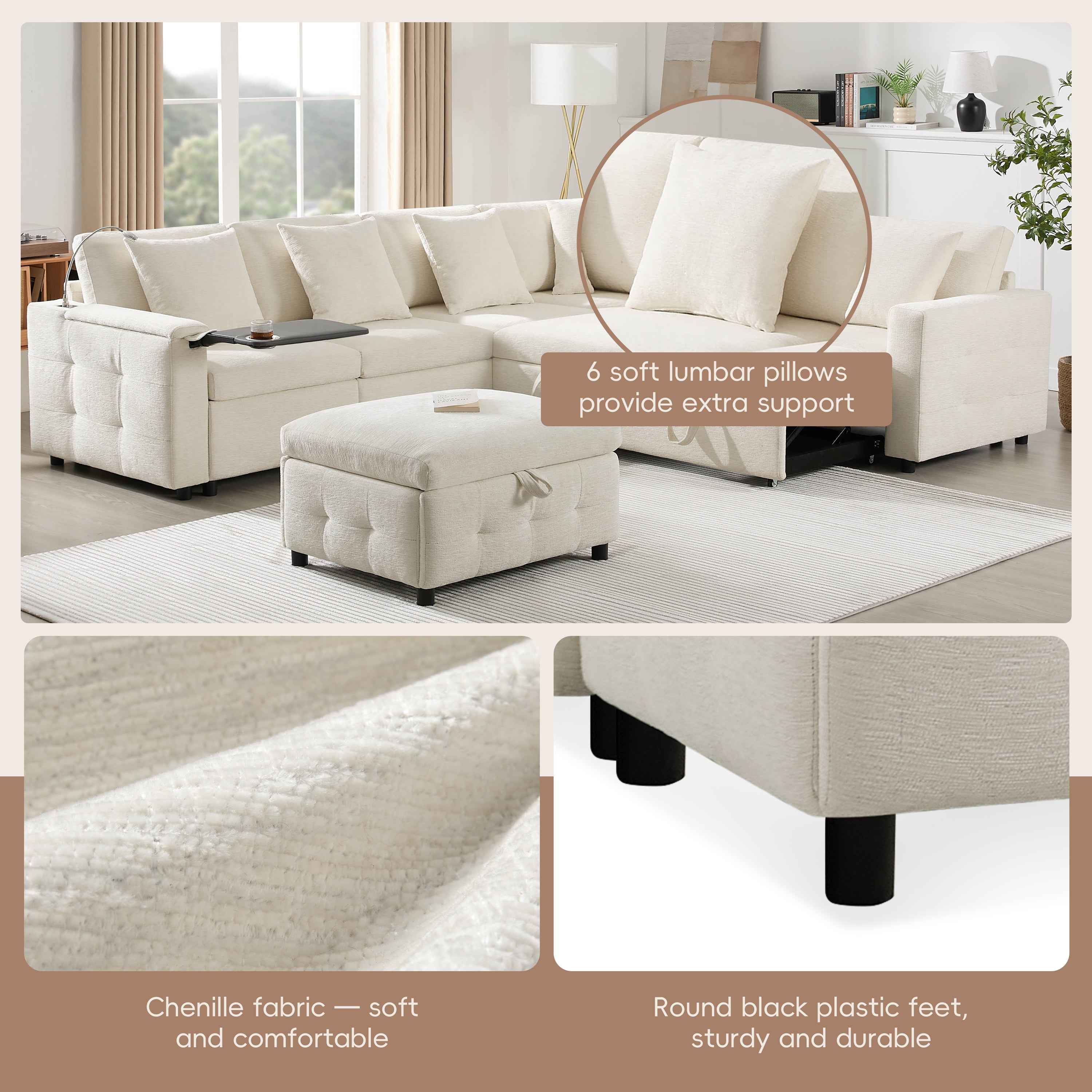 117*90'' Modular Sectional Pull-out Sofa Bed with Flip-up Table Panel, Reading Lamp, Charging Ports, Storage Ottoman, Tufted Design, 6 Pillows, Oversize & Free Combination, Chenille, 2 colors