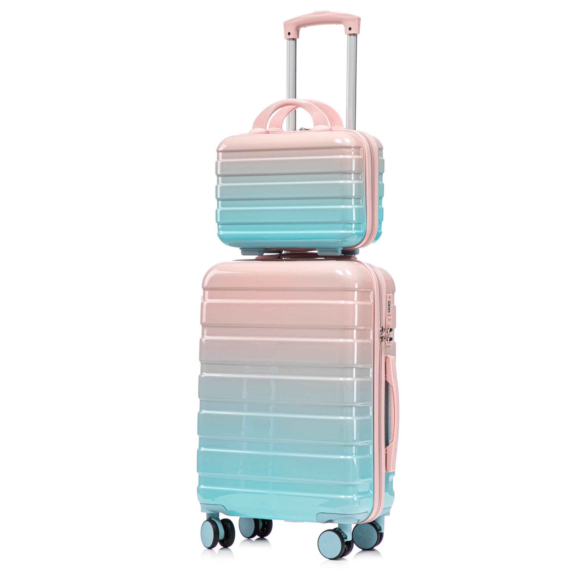 14'/20' 2 pcs/set in PC Spinner Wheel Luggage, Carry on Suitcase, With Gradient Color and Combination Lock(Blue+Pink)