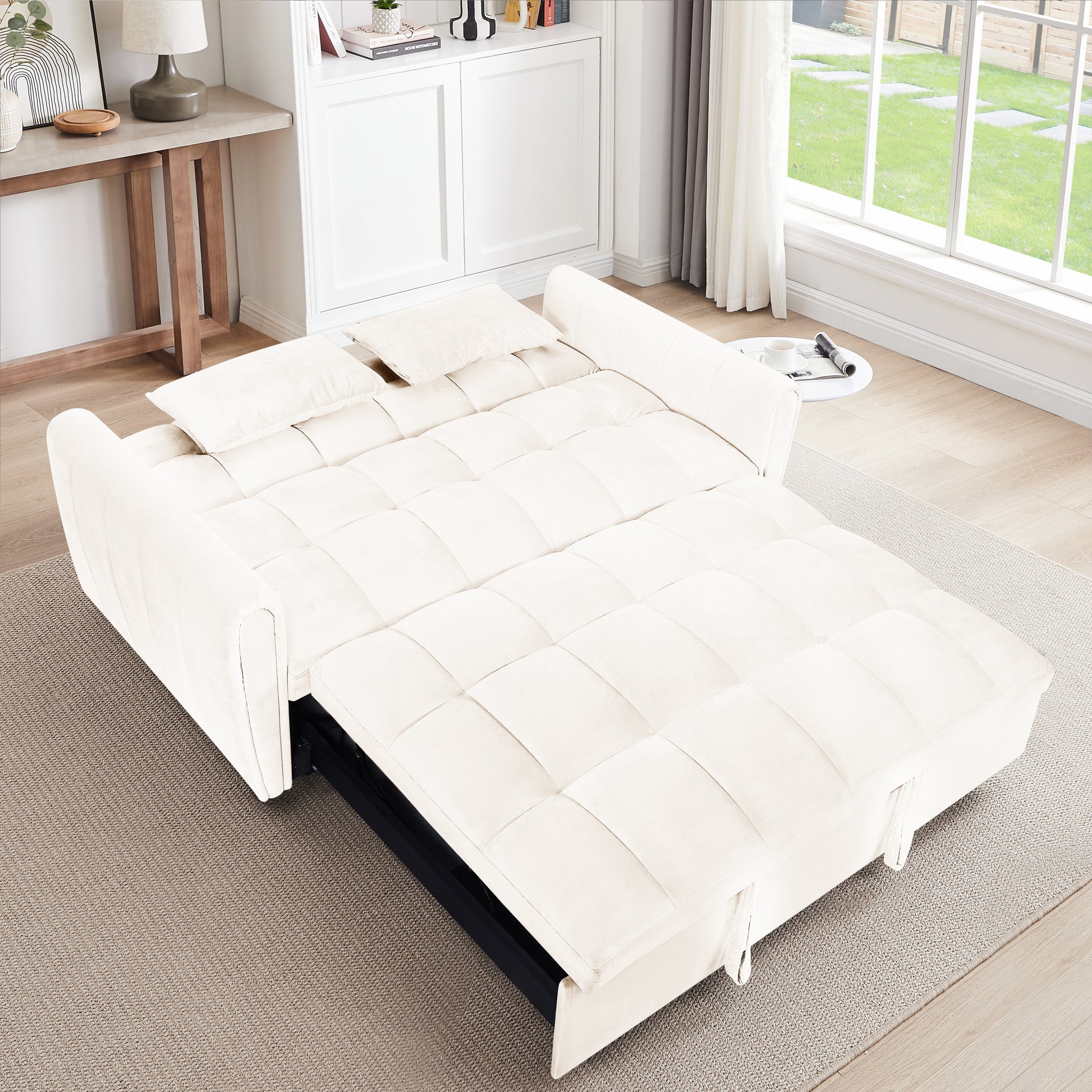 65'3-in-1 foldable large size sofa bed, modern velvet double sofa, sofa bed with adjustable back, storage bag and pillow, suitable for living room, bedroom (beige) - Abrihome