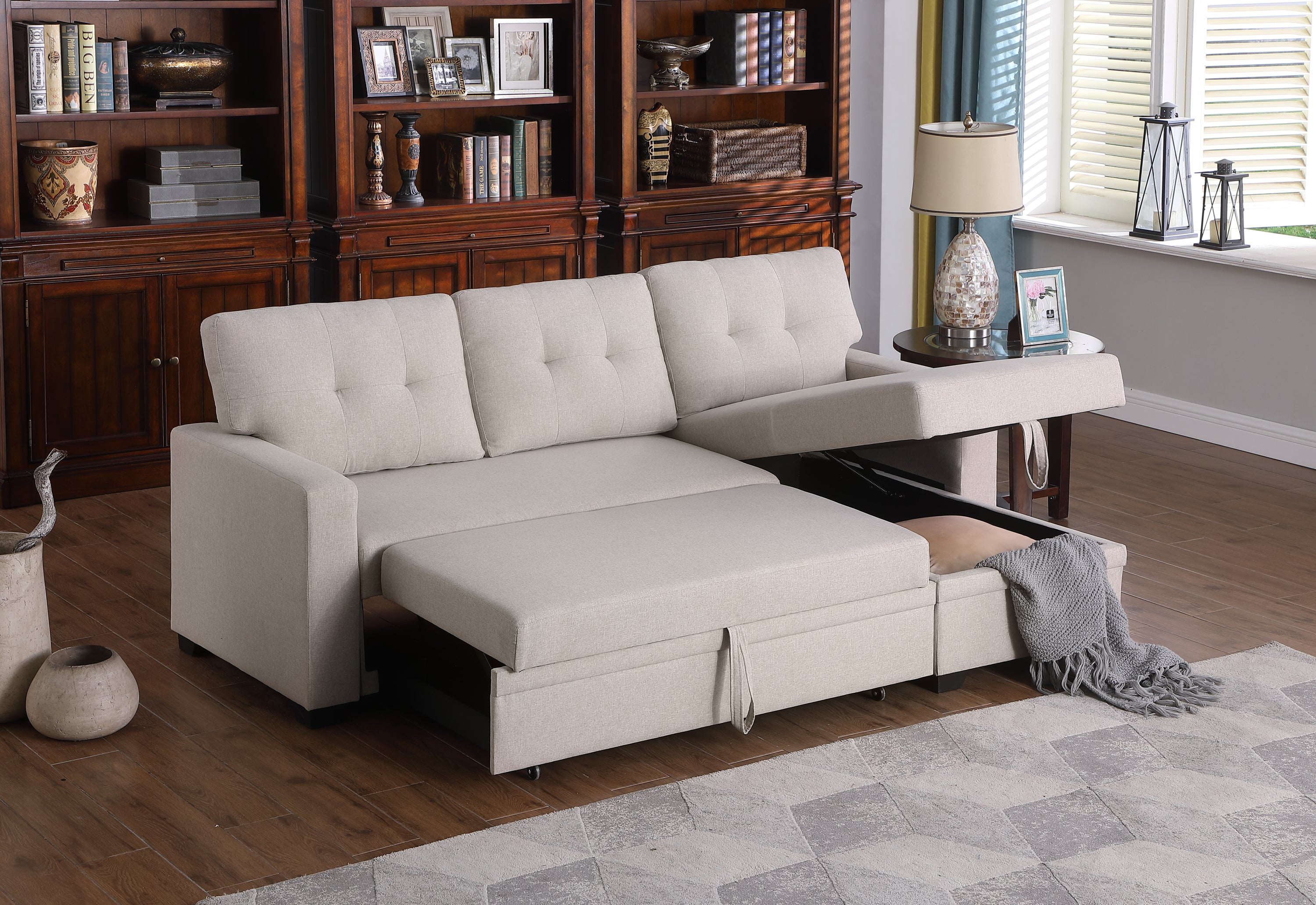 Upholstered Pull out Sectional Sofa with Chaise