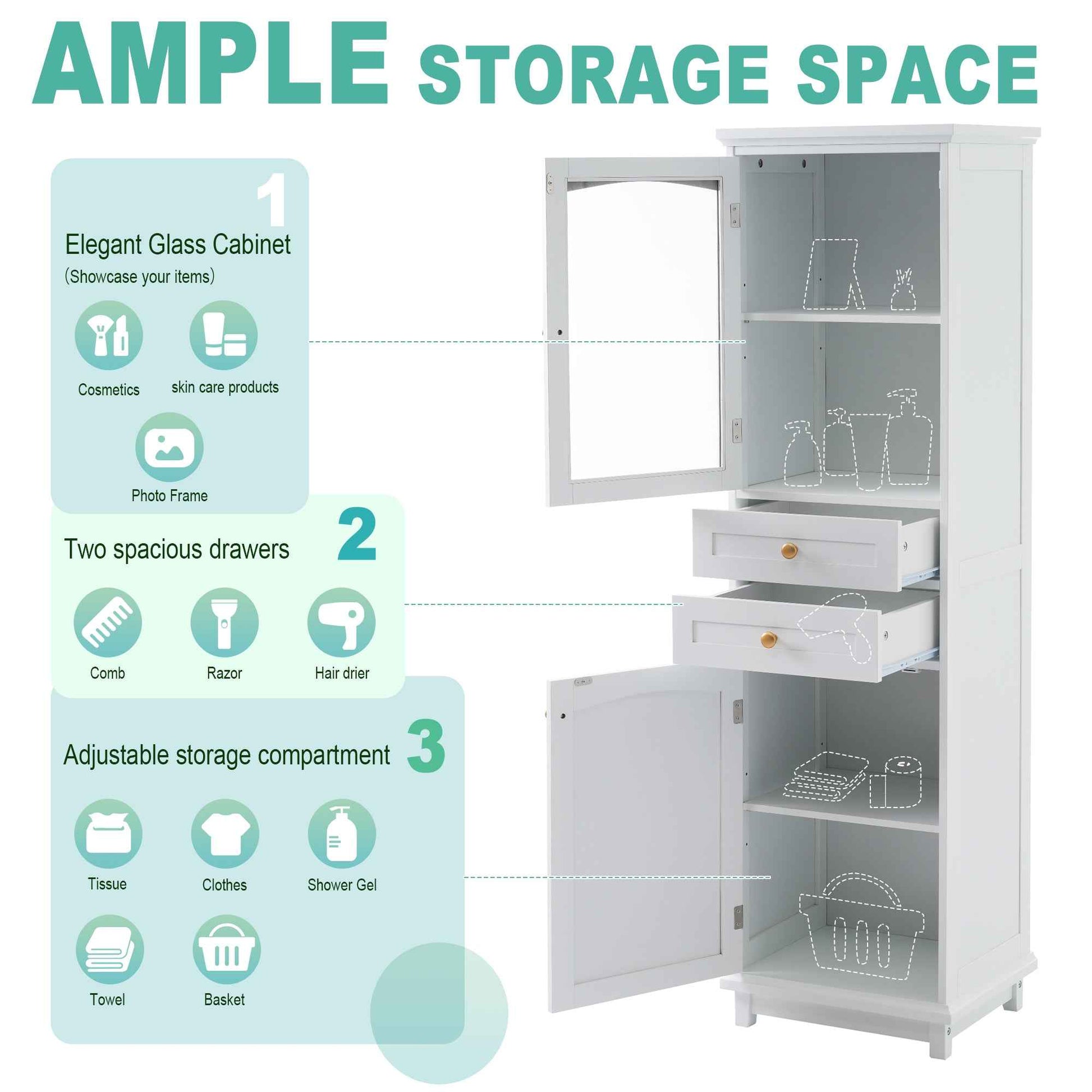 Modern Tall Bathroom Storage Cabinet with Glass Doors, Two Drawers, Adjustable Shelves, Made of MDF with White Painted Finish, 17.76'W x 14.21'D x 62.99'H
