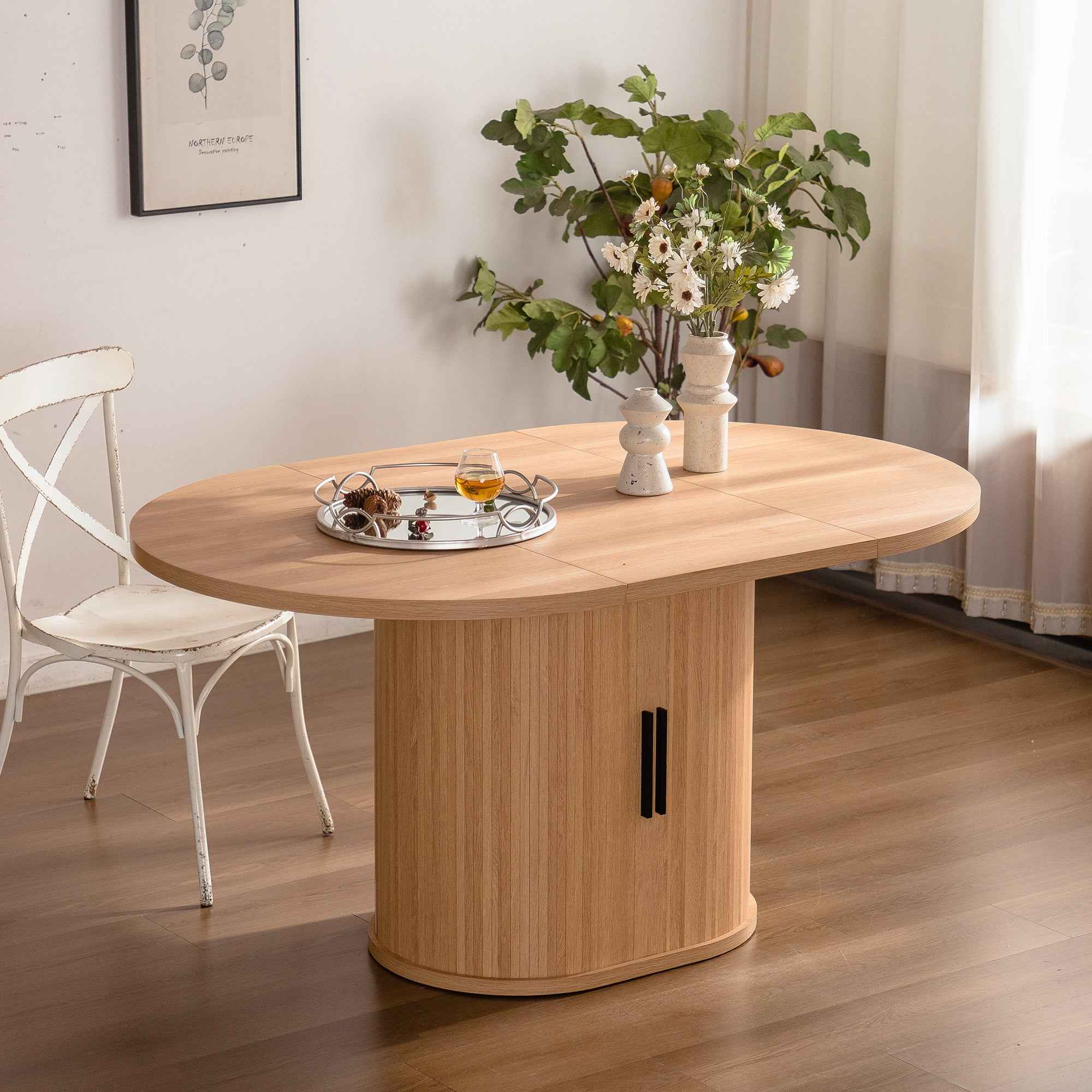 59 Inch Oval Dining Table for 4-6 Oval Table Kitchen Modern Oval Dining Room Table with 2-Layer Storage Shelf and Wood Slide Door Oval Kitchen Tables for Dining Room
