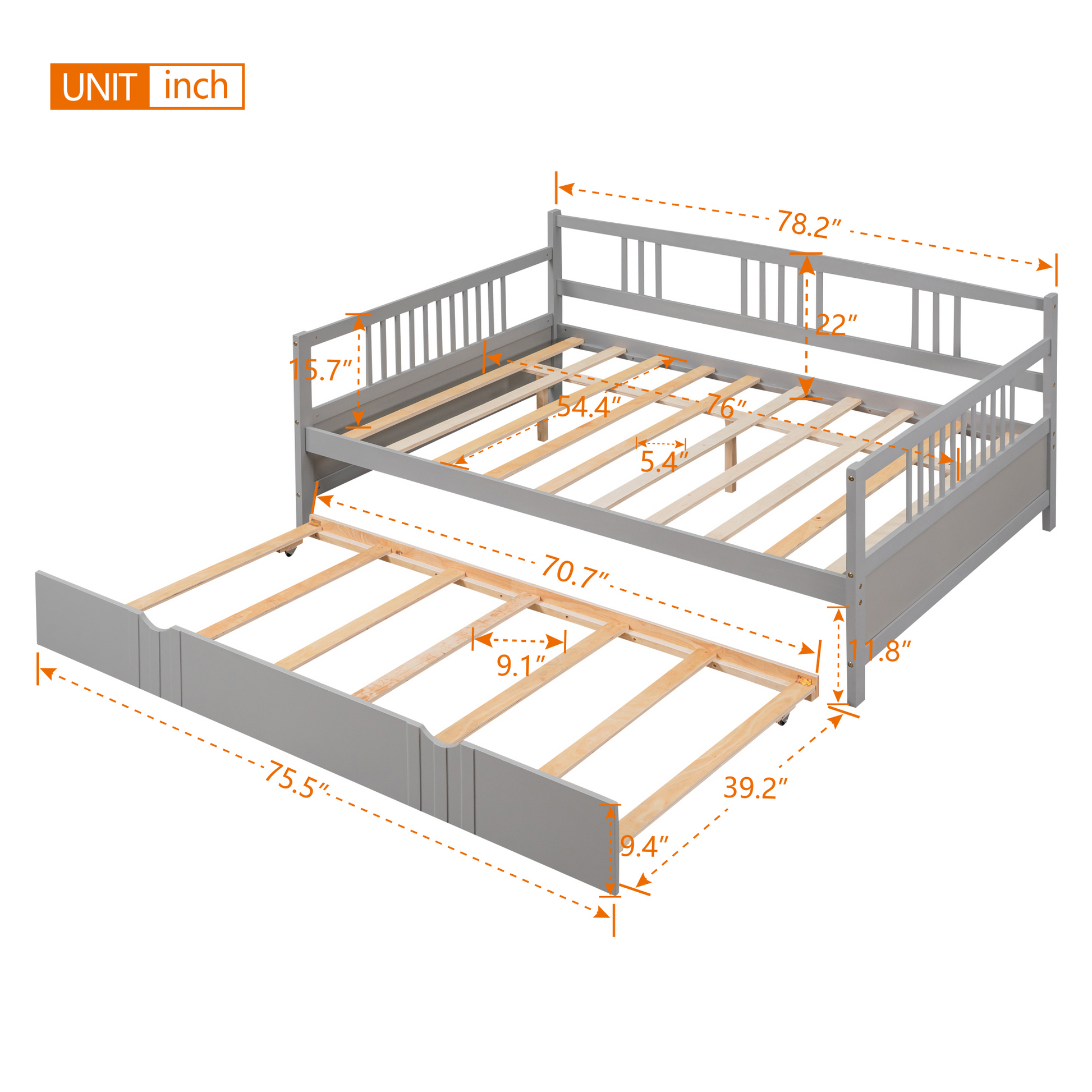 Full Size Daybed Wood Bed with Twin Size Trundle,Gray - Abrihome