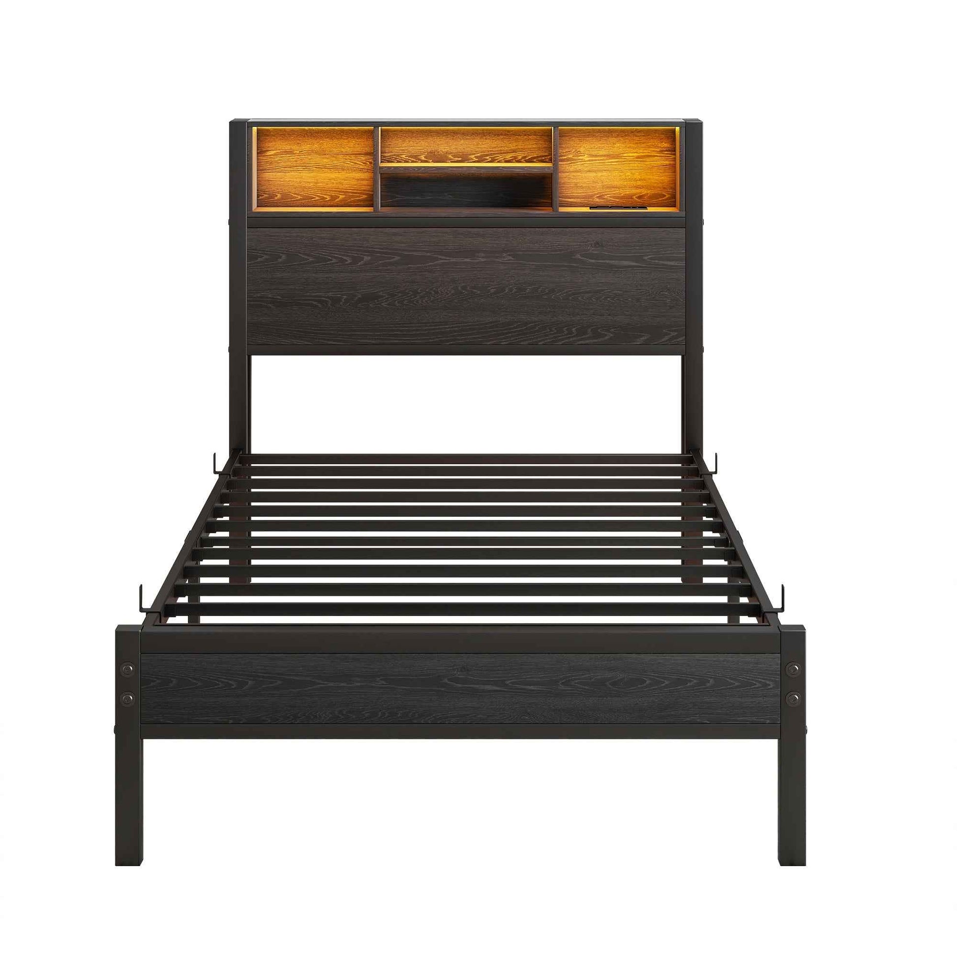 Twin Size Bed Frame with Storage Headboard, Metal Platform Bed with Charging Station, Bookcase Storage, Easy Assembly