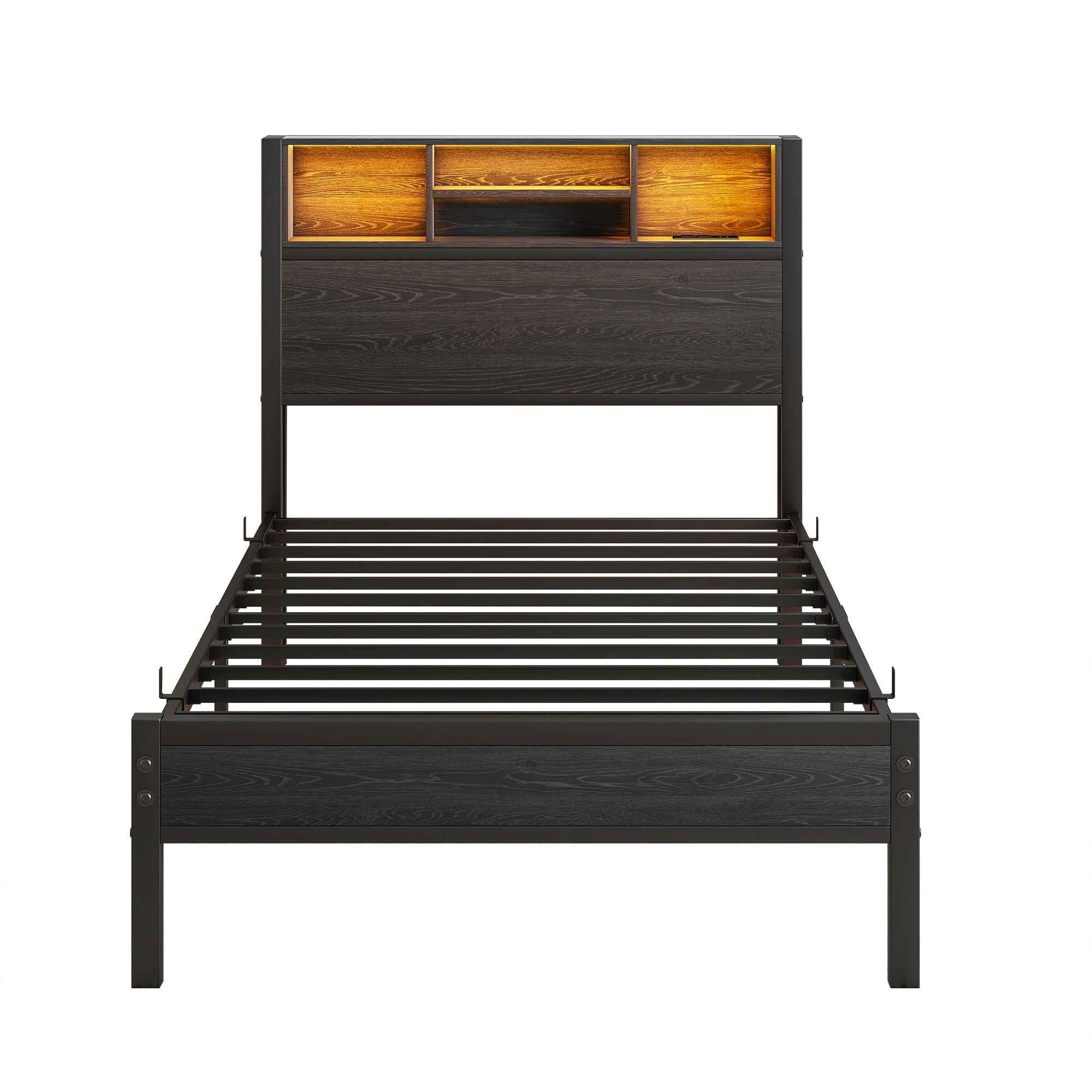 Twin Size Bed Frame with Storage Headboard, Metal Platform Bed with Charging Station, Bookcase Storage, Easy Assembly