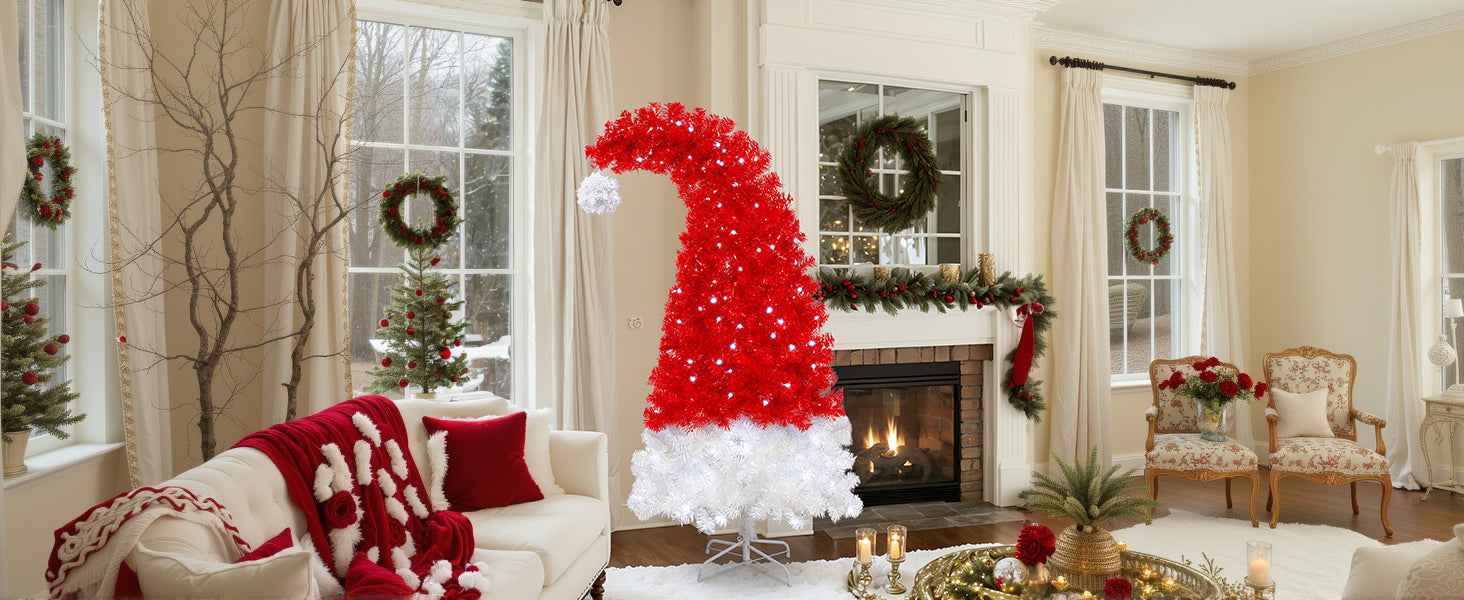 6FT Artificial Christmas Tree with LED Light, Santa's Hat Shape Artificial Whimsical Xmas Tree with 1050 Tip, Curved Xmax Tree