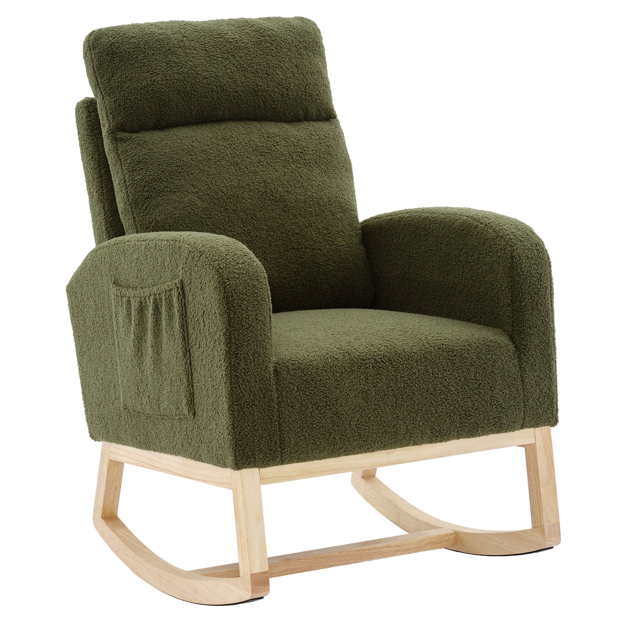 Modern Accent Rocking Chair Rocking Chair with Solid Wood Legs, Upholstered Nursery Glider Rocker, Comfy Armchair with Side Pocket, Living Room Lounge Arm Chair with High Backrest (Dark green,teddy)