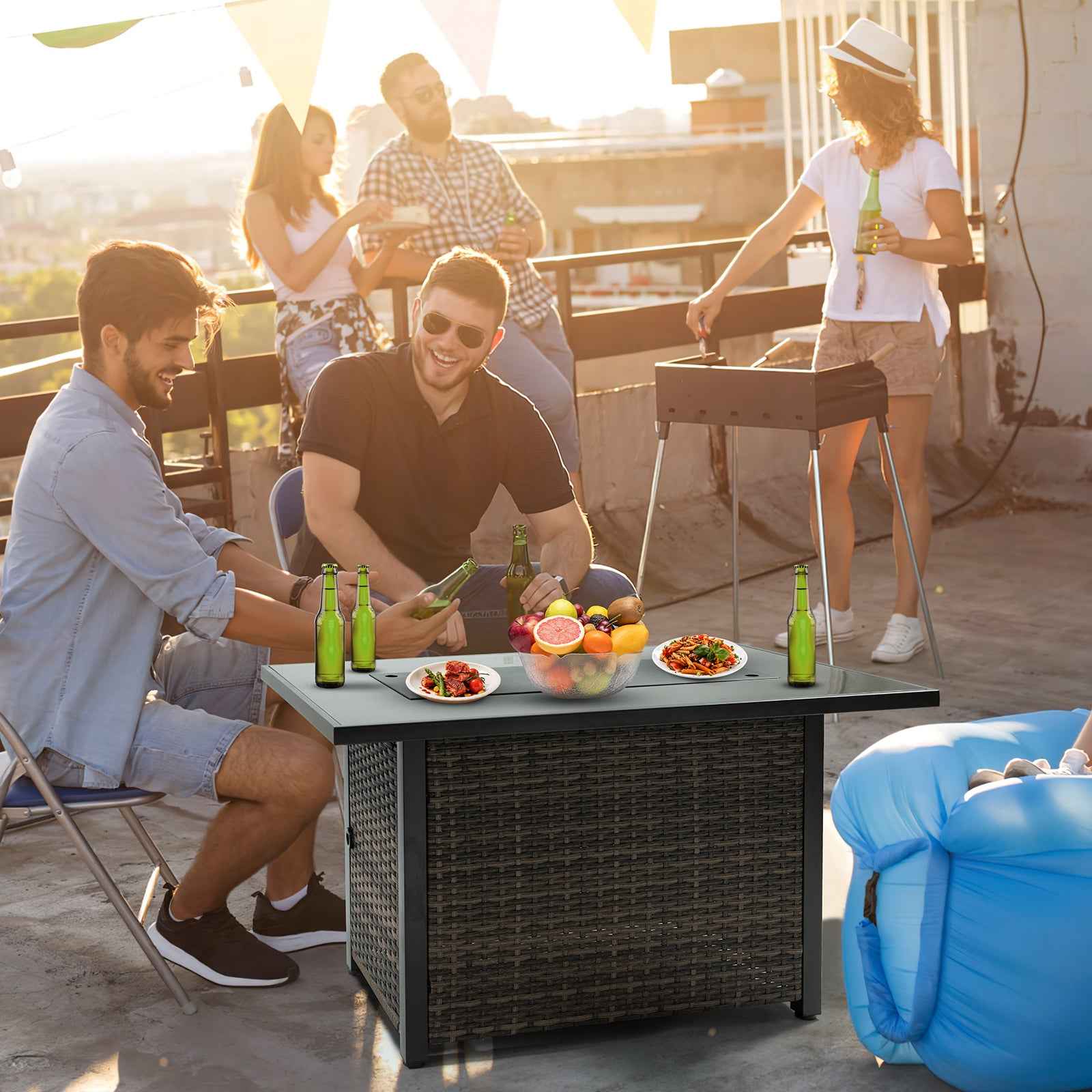 Outdoor Fire Pit 50,000 BTU Propane Gas Fire Table with Lid Fireplace with Glass Wind Guard Wicker Base for Garden, Patio, Backyard, 44'