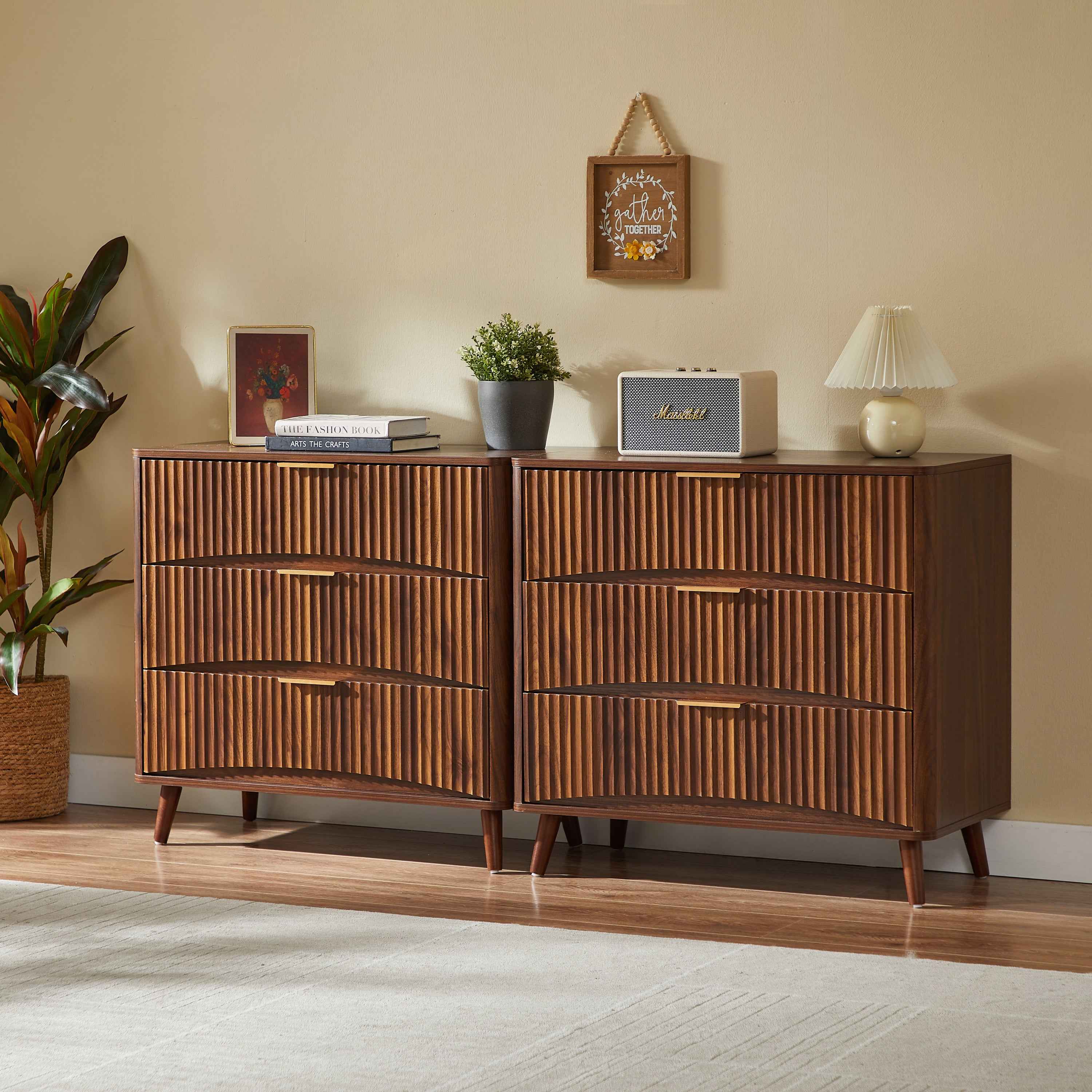 Fluted 3 Drawer Dresser Set of 2, Mid-Century Modern Tall Chest of Drawers with Vertical Grooved Design, Solid Wood Storage Cabinet with Metal Handles for Bedroom Living Room, Walnut
