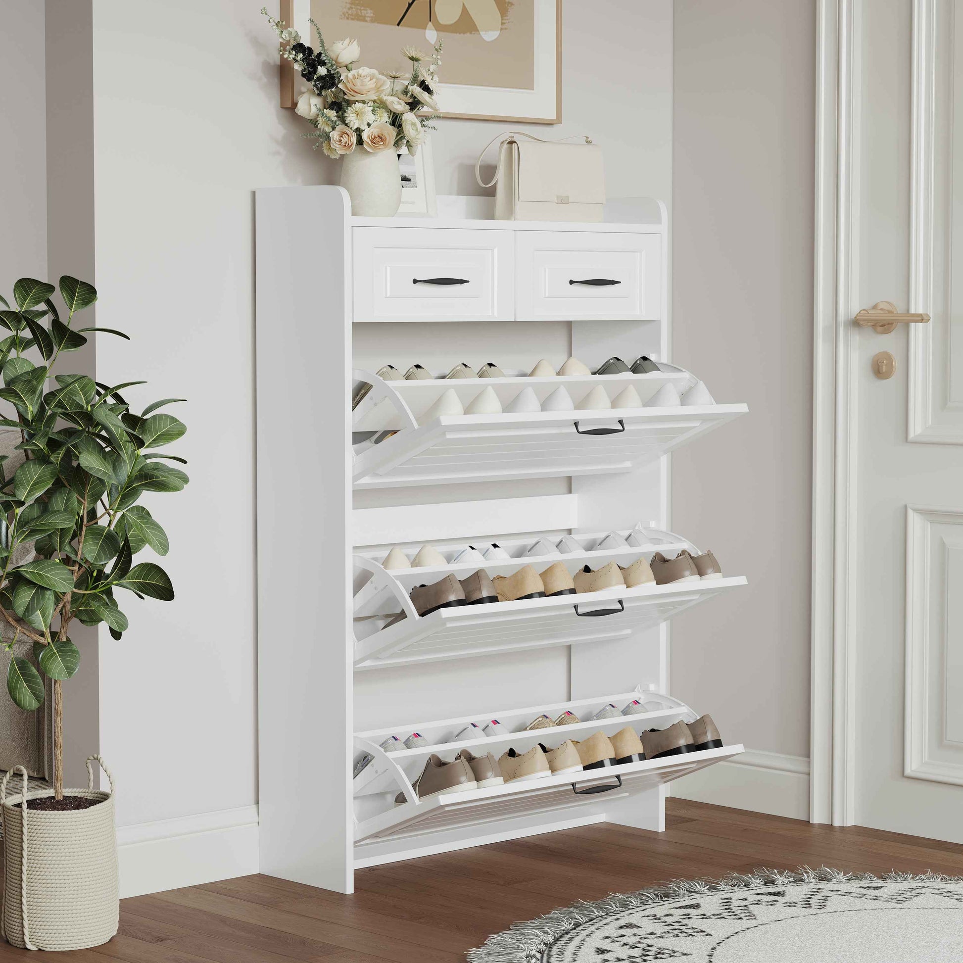 1250 White color shoe cabinet  with 3 doors 2 drawers,large space for storage