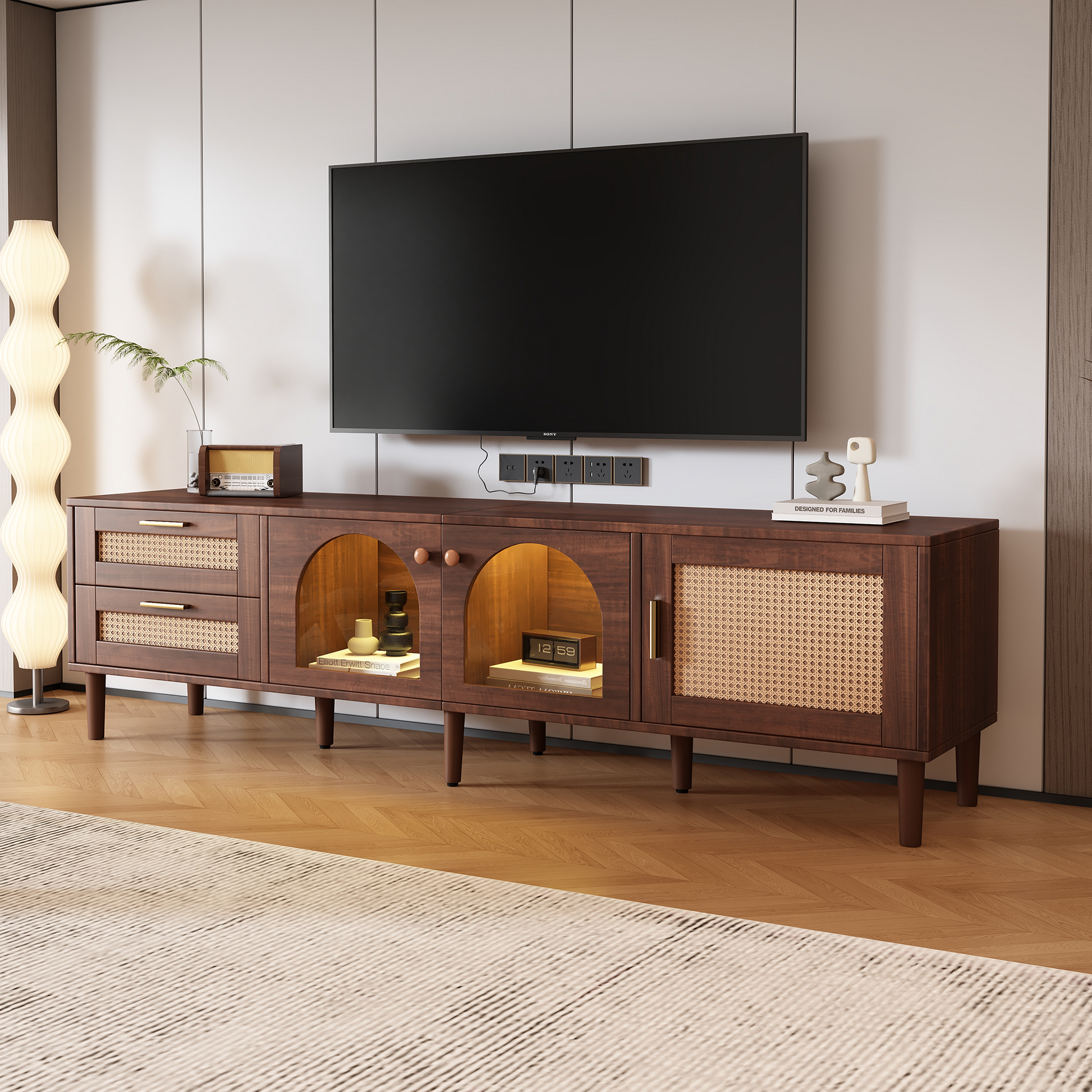 Dark Brown Rattan-inspired TV Stand with 3 Cabinets & 2 Drawers, LED Light Media Console for TVs up to 80'', MDF & Solid Wood Construction