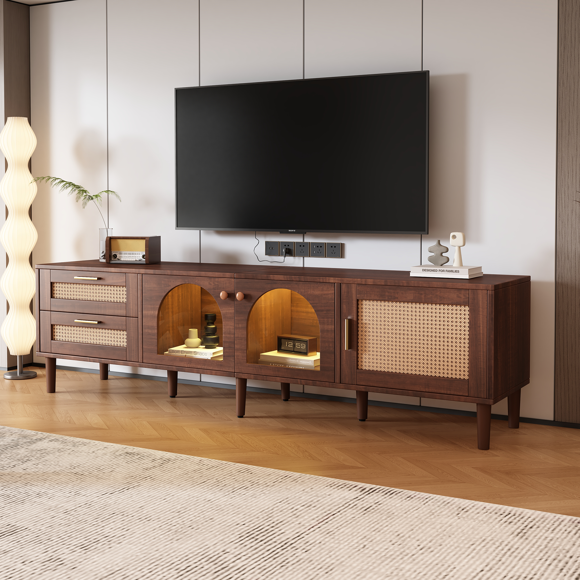 Dark Brown Rattan-inspired TV Stand with 3 Cabinets & 2 Drawers, LED Light Media Console for TVs up to 80'', MDF & Solid Wood Construction