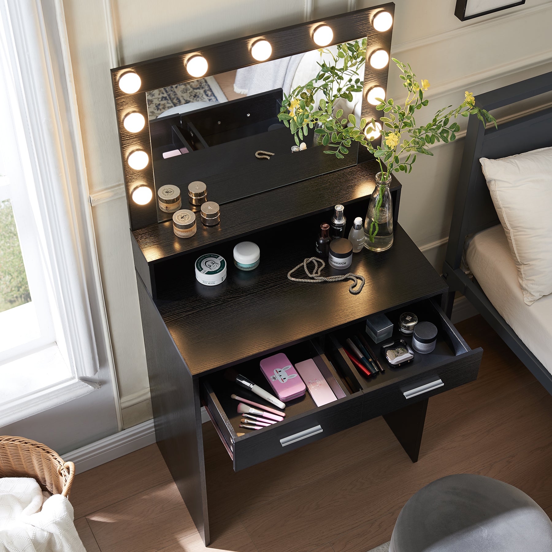 Vanity Desk with Mirror and Lights, Dressing Table with Large Drawer, 2 Level Storage Dresser & 3 Lighting Modes Adjustable Brightness, Suitable for Bedroom(Black)