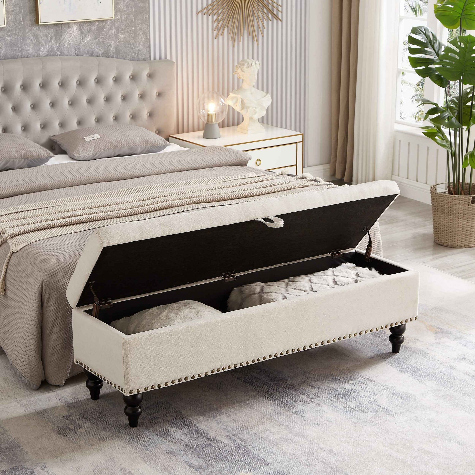 59' Bed Bench Ottoman with Storage  Beige Fabric
