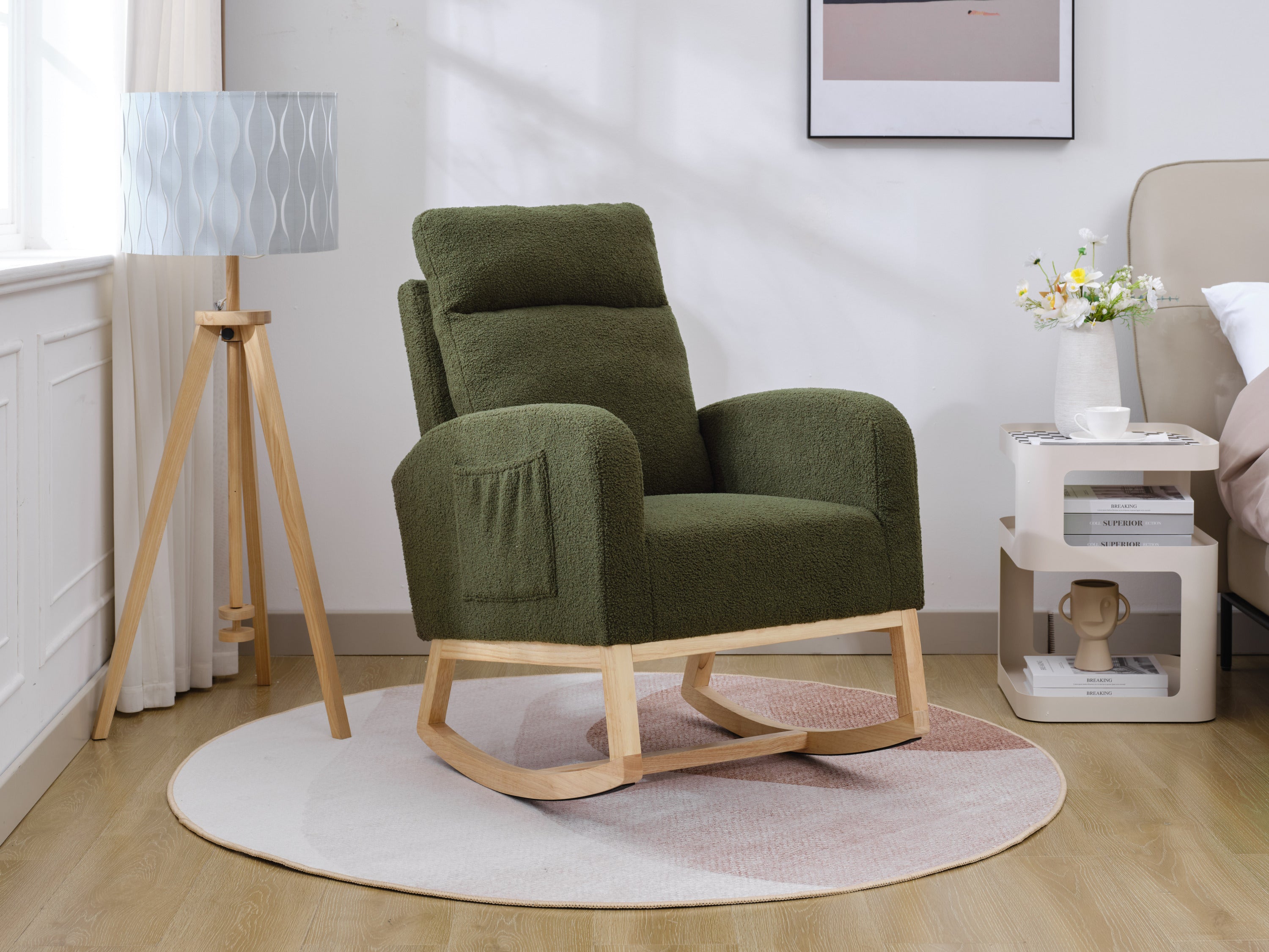 Modern Accent Rocking Chair Rocking Chair with Solid Wood Legs, Upholstered Nursery Glider Rocker, Comfy Armchair with Side Pocket, Living Room Lounge Arm Chair with High Backrest (Dark green,teddy)