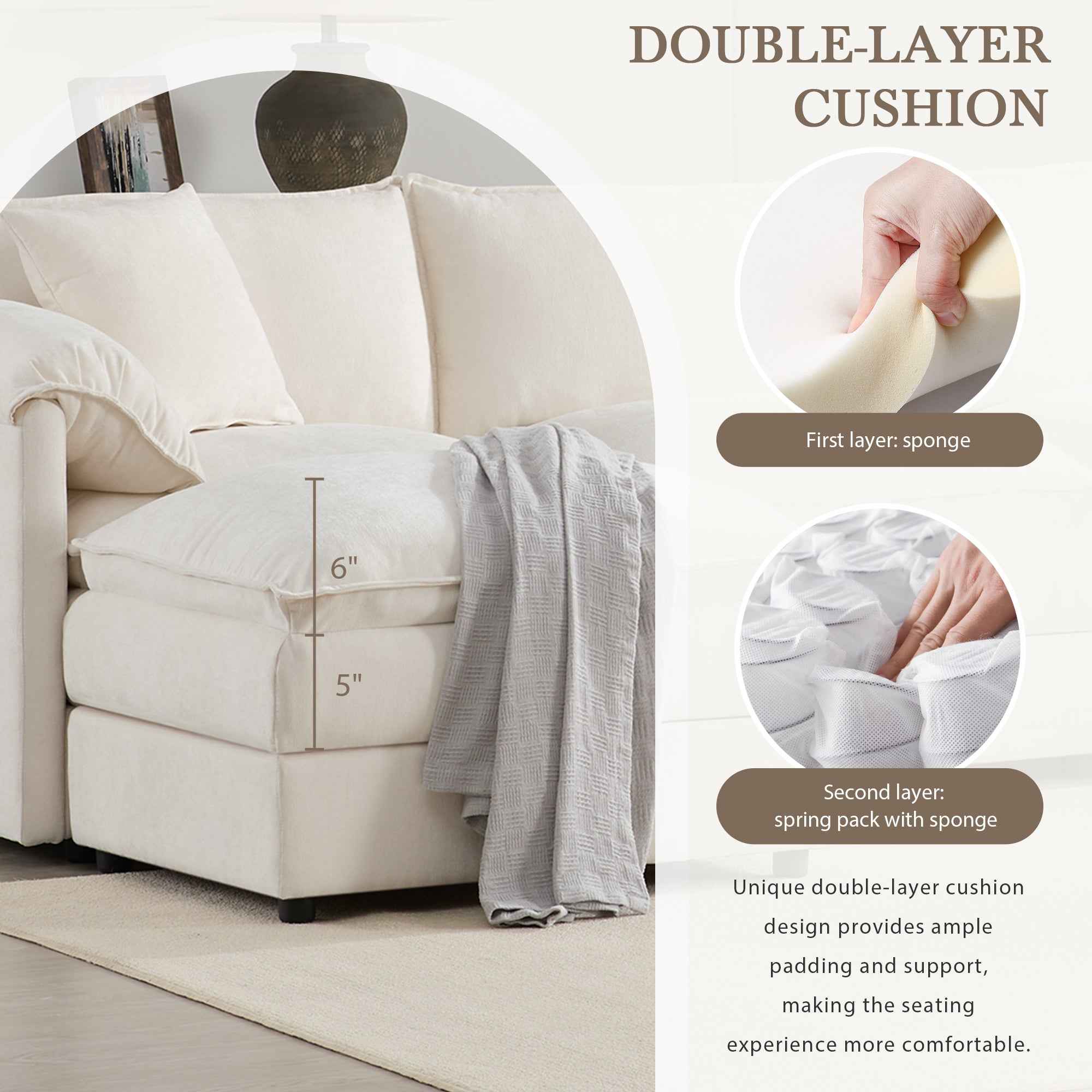 Chenille Modular Sectional Sofa with Deep Seat and Movable Ottoman in Cream