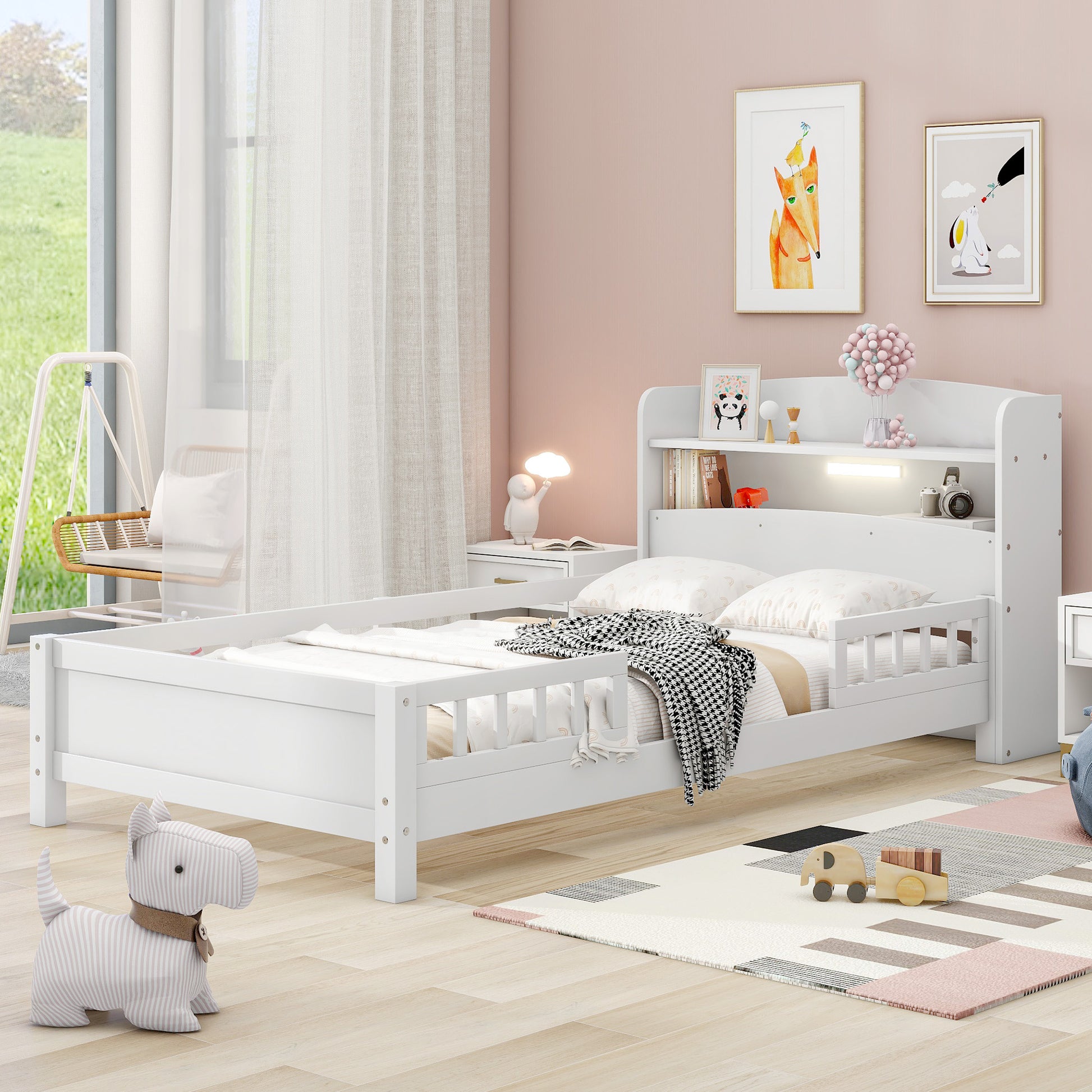 Wood Twin Size Platform Bed with Built-in LED Light, Storage Headboard and Guardrail, White - Abrihome