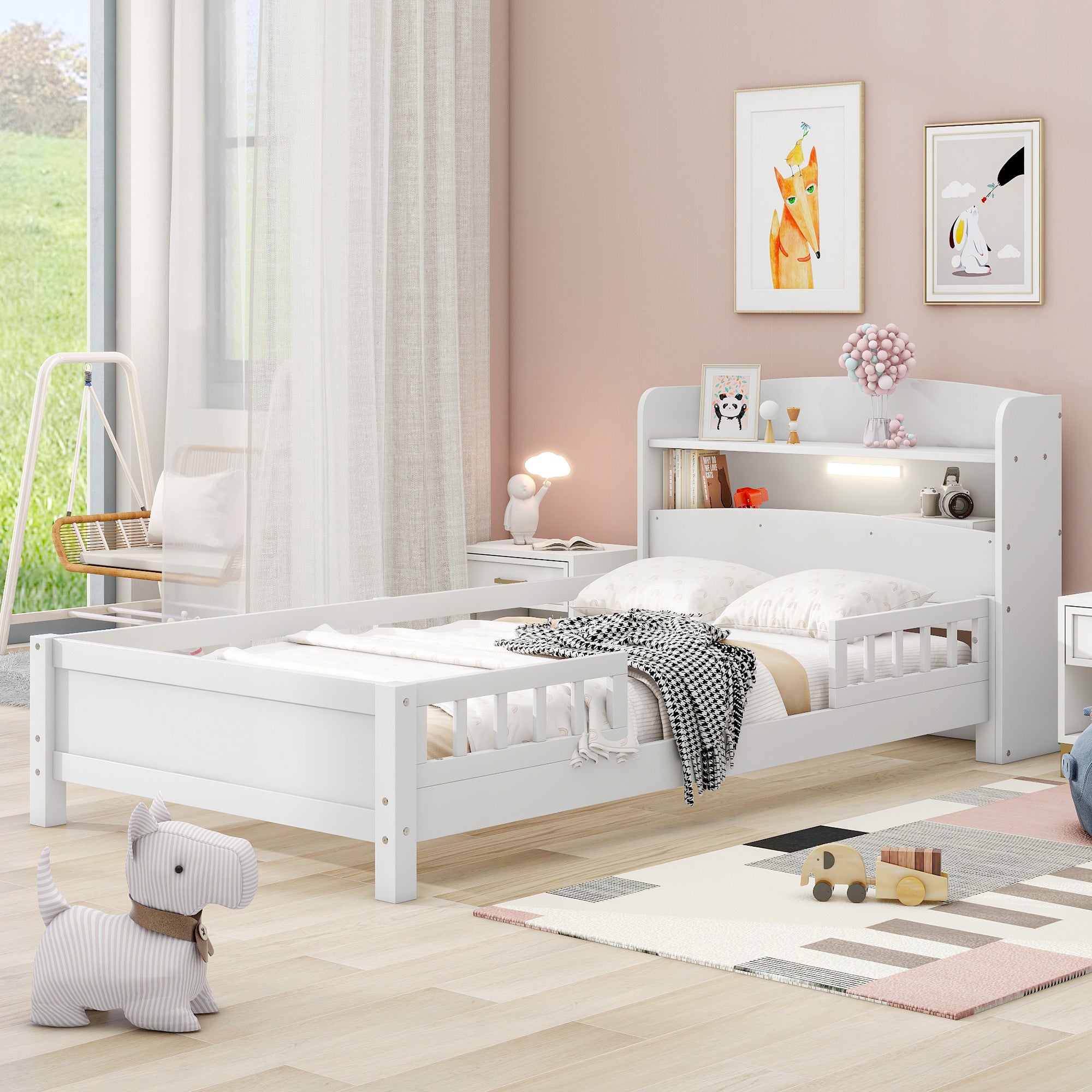 Wood Twin Size Platform Bed with Built-in LED Light, Storage Headboard and Guardrail, White - Abrihome