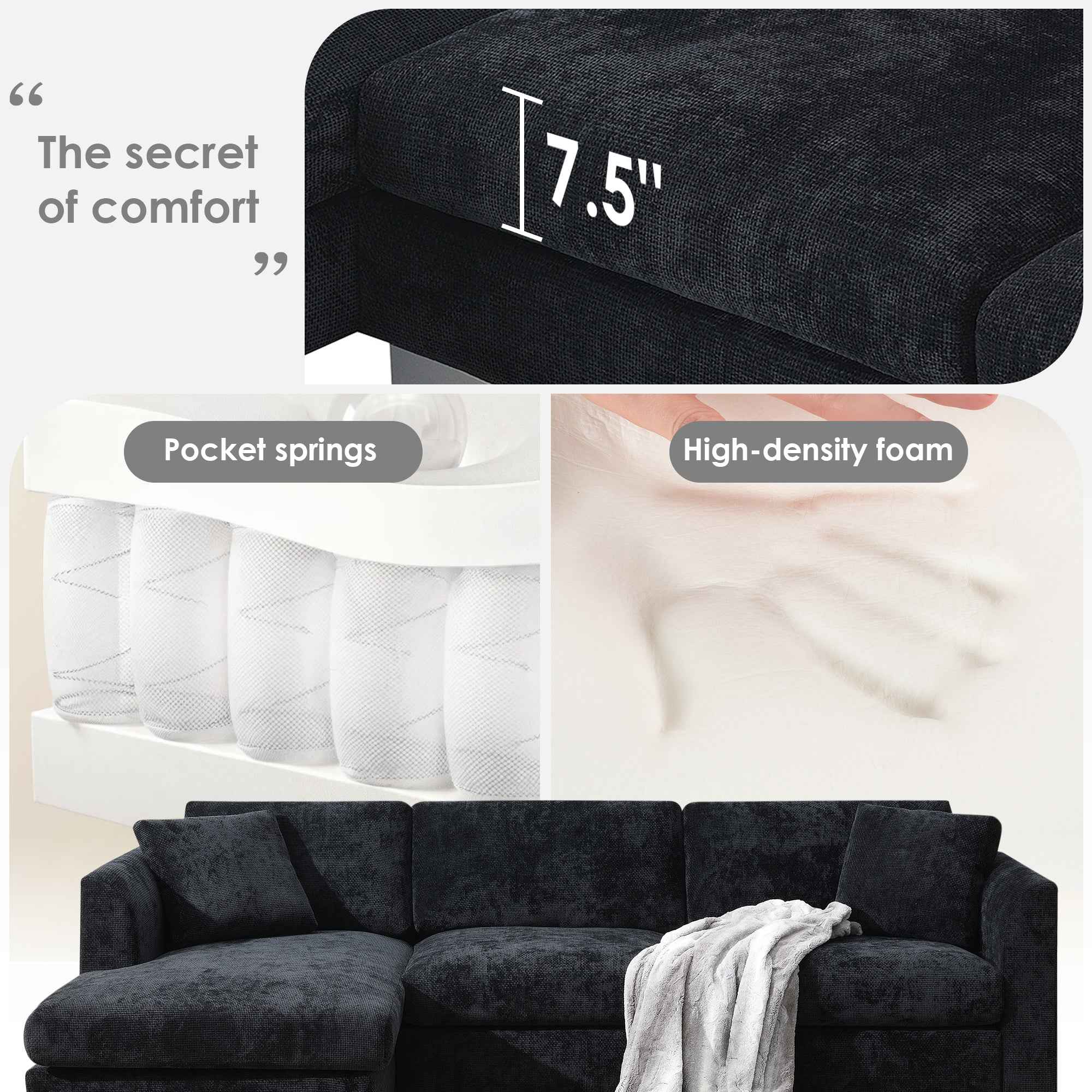 Modern Cloud L-Shaped Sectional Sofa with Chaise, Chenille Fabric, 3 Colors, 96*56 inches