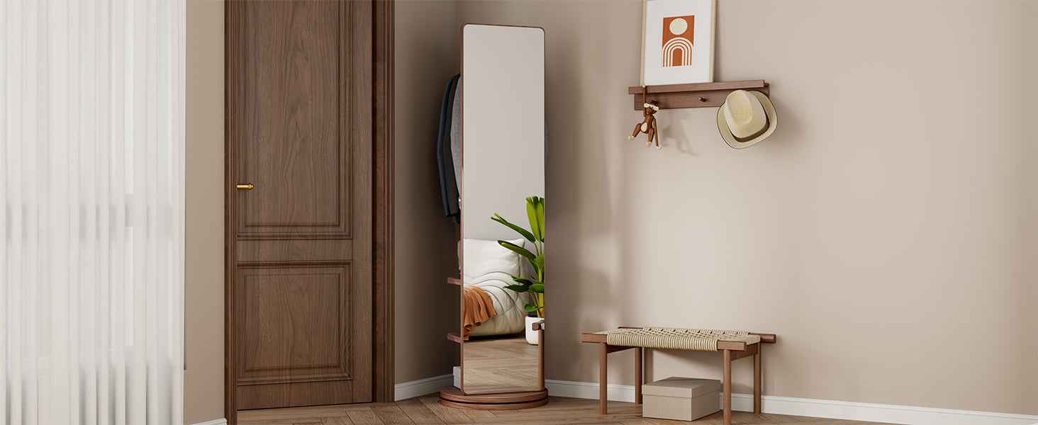 360° Rotating 69'x16' Multifunctional Full Length Mirror with Hook Storage Rack Coat Rack with Mirror Solid Wood Floor Mirror Bedroom Living Room Cloakroom Space Saving (walnut)