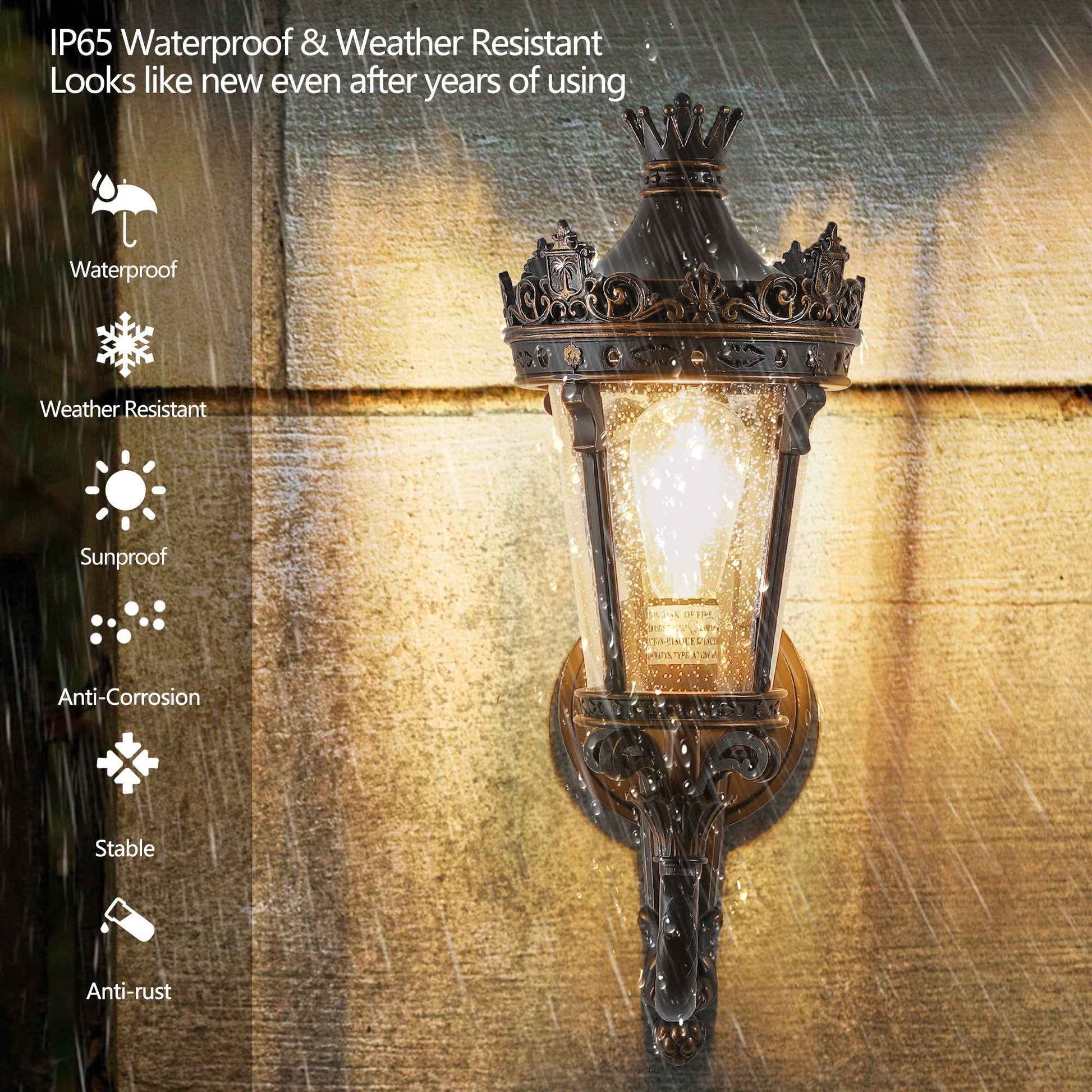 21'(H) Vintage Outdoor Wall Lantern, Waterproof Exterior Wall Sconce with Crown Top and Clear Glass, Decorative Outdoor Lighting Fixture for Patio, Garden, or Entryway (One piece&No bulb)