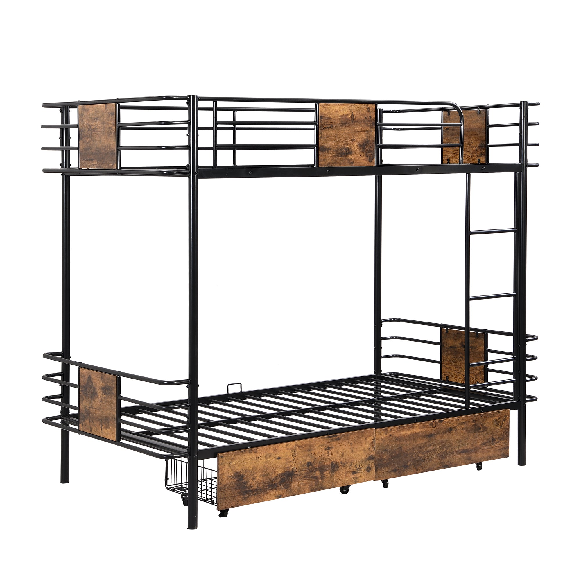 Twin XL over Twin XL Metal Bunk Bed with MDF Board Guardrail and Two Storage Drawers,Black