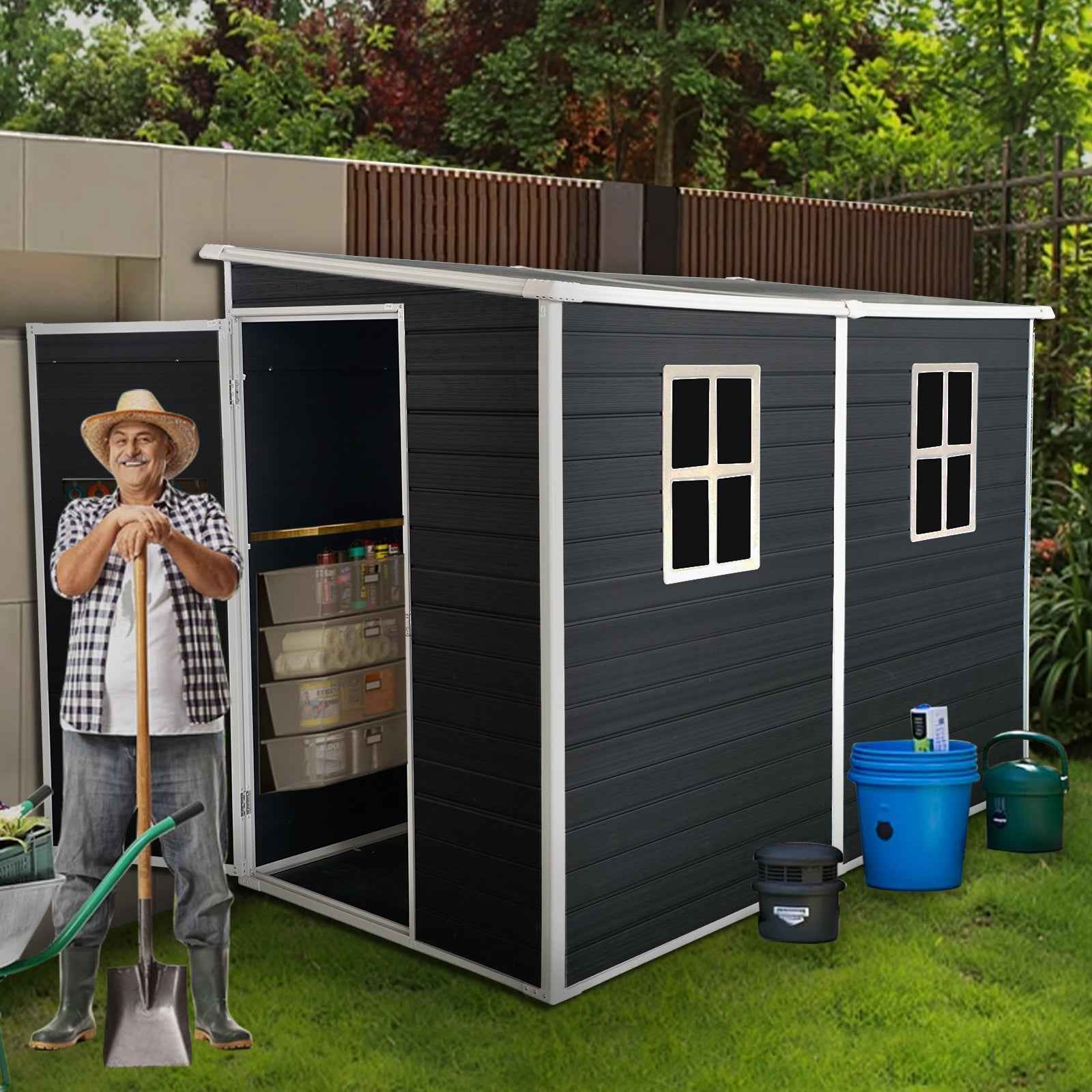8x4ft Outdoor Resin Garden Shed with Floor and 2 Windows, Plastic Patio Outdoor Storage Shed with Lockable Door for Garden Tools, Bicycles, Trash Cans, Black