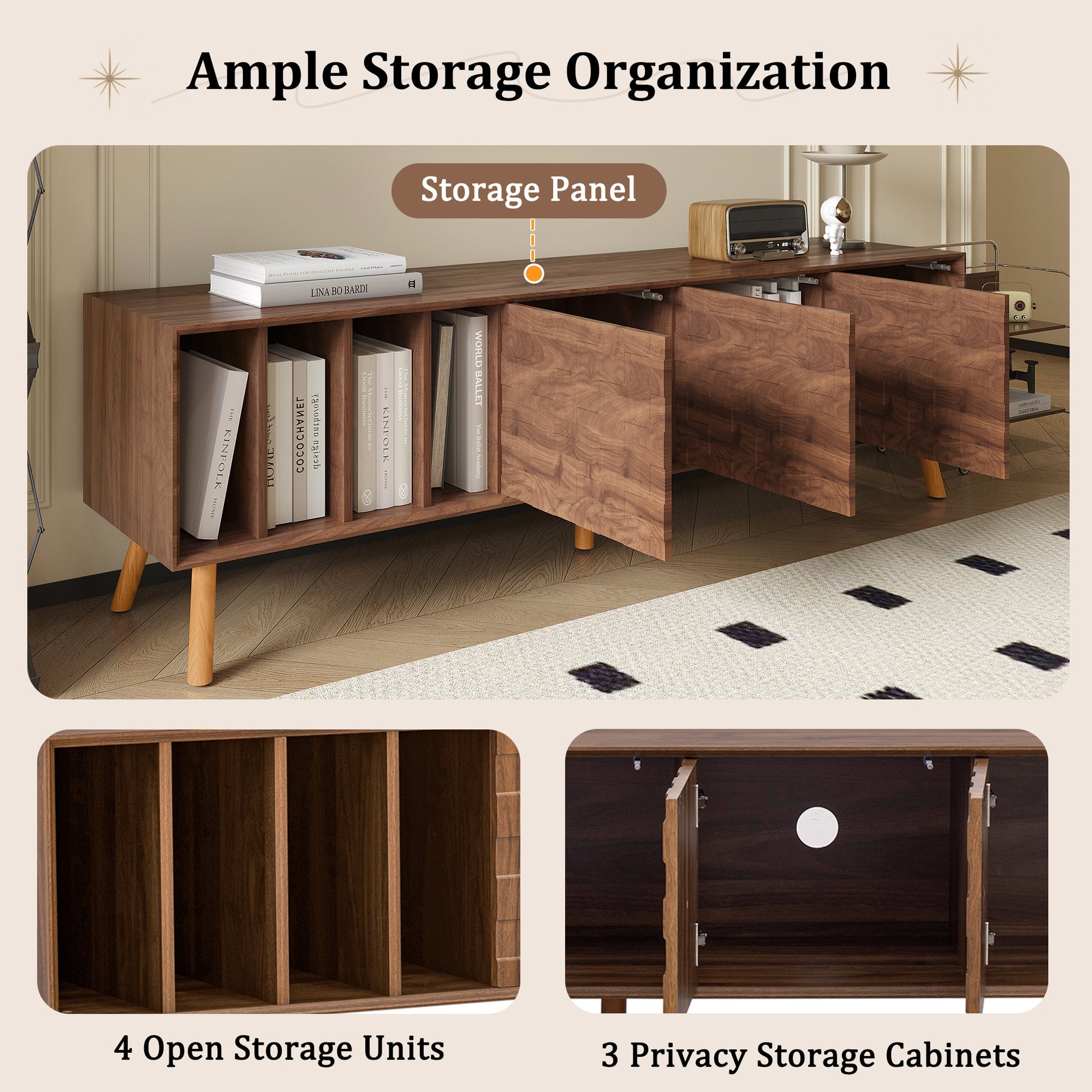 70' Mid-Century Modern TV Stand, Media Console Table for TVs up to 80'', Entertainment Center with 5 Solid Wood Legs for Living Room, Bedroom - Abrihome