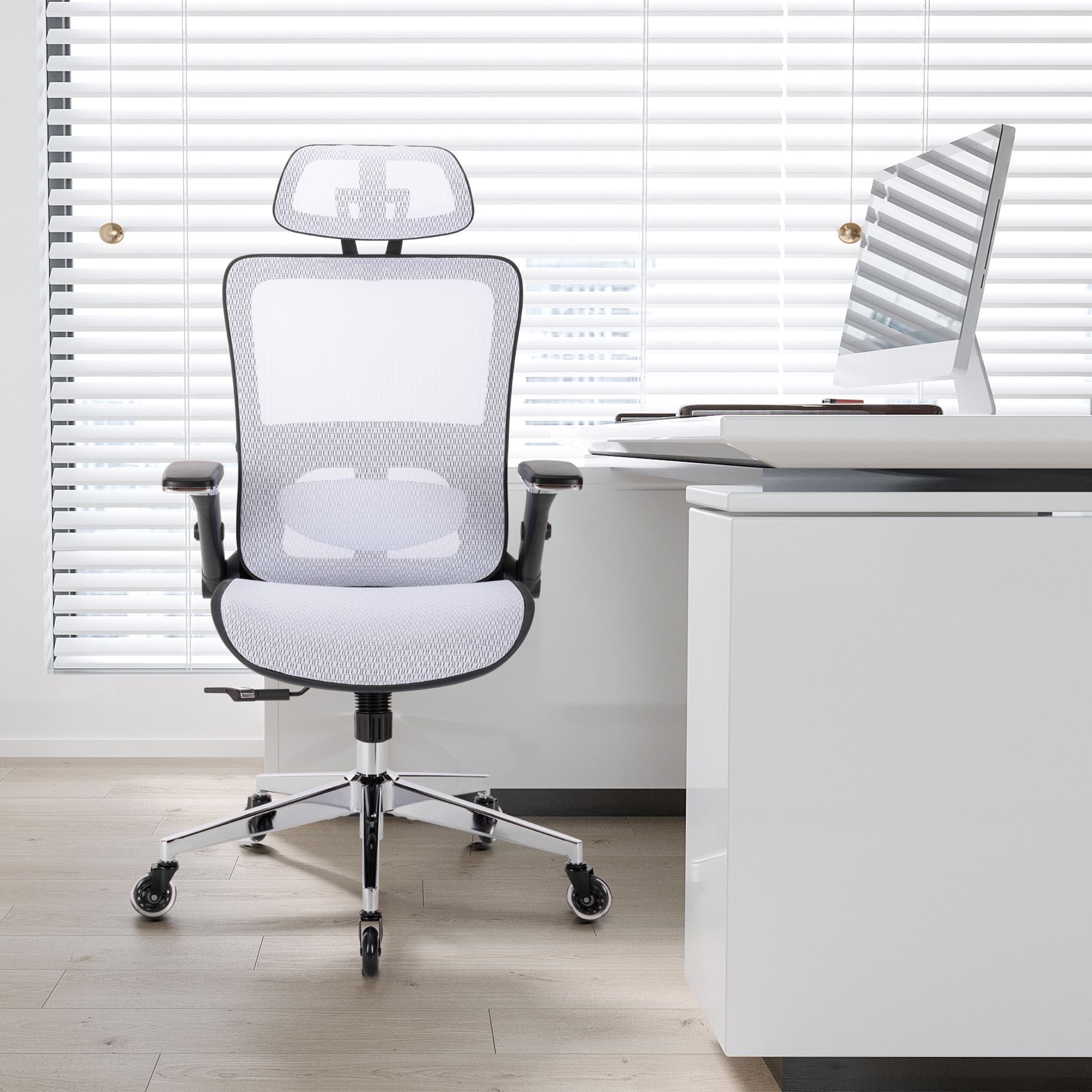 WHITE Ergonomic Mesh Office Chair, High Back - Adjustable Headrest with Flip-Up Arms, Tilt and lock Function, Lumbar Support and blade Wheels, KD chrome metal legs