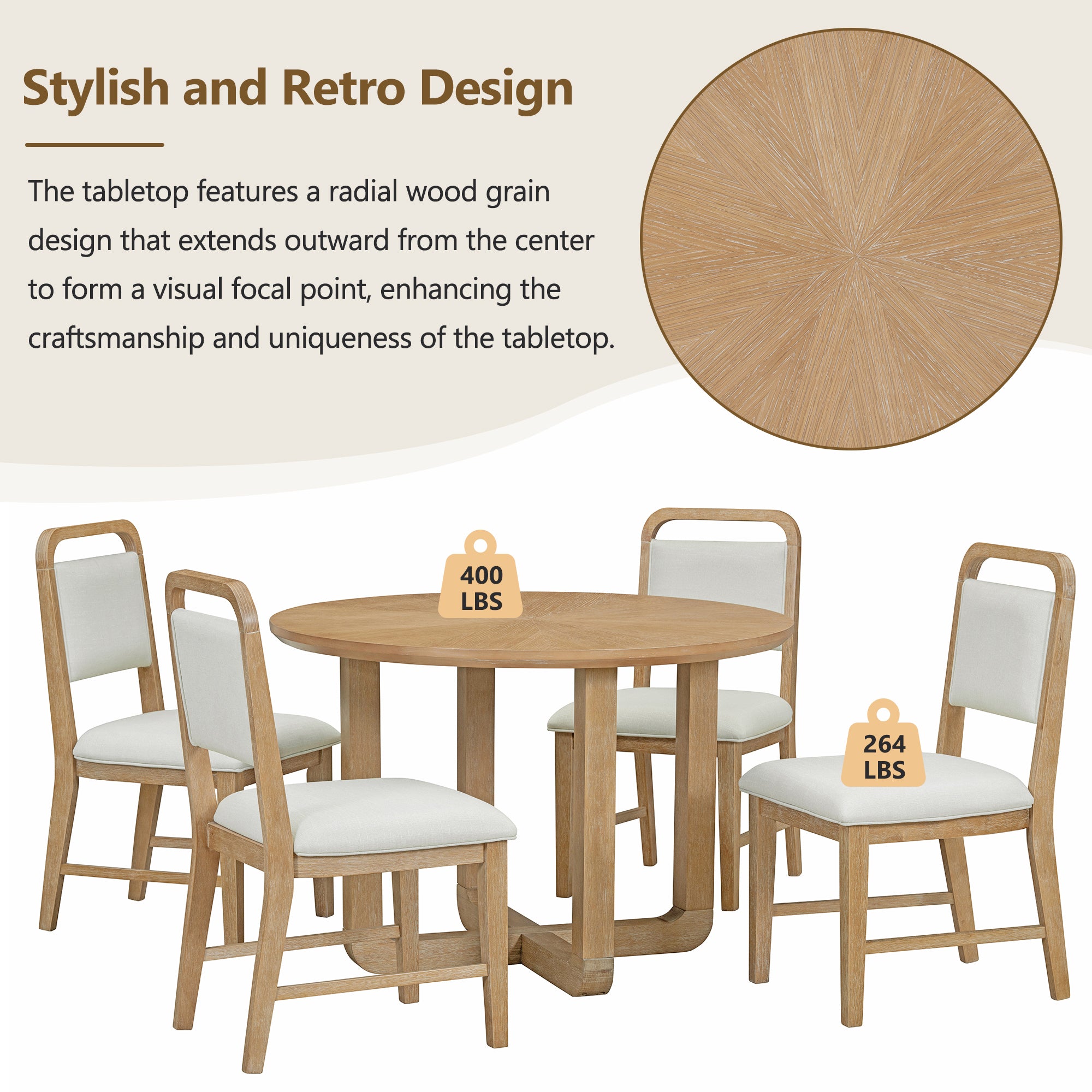 TREXM 5-Piece Retro Dining Set, Round Table Top with Radial Wood Grain Design and 4 Upholstered Chairs for Dining Room and Kitchen (Natural Wood Wash)