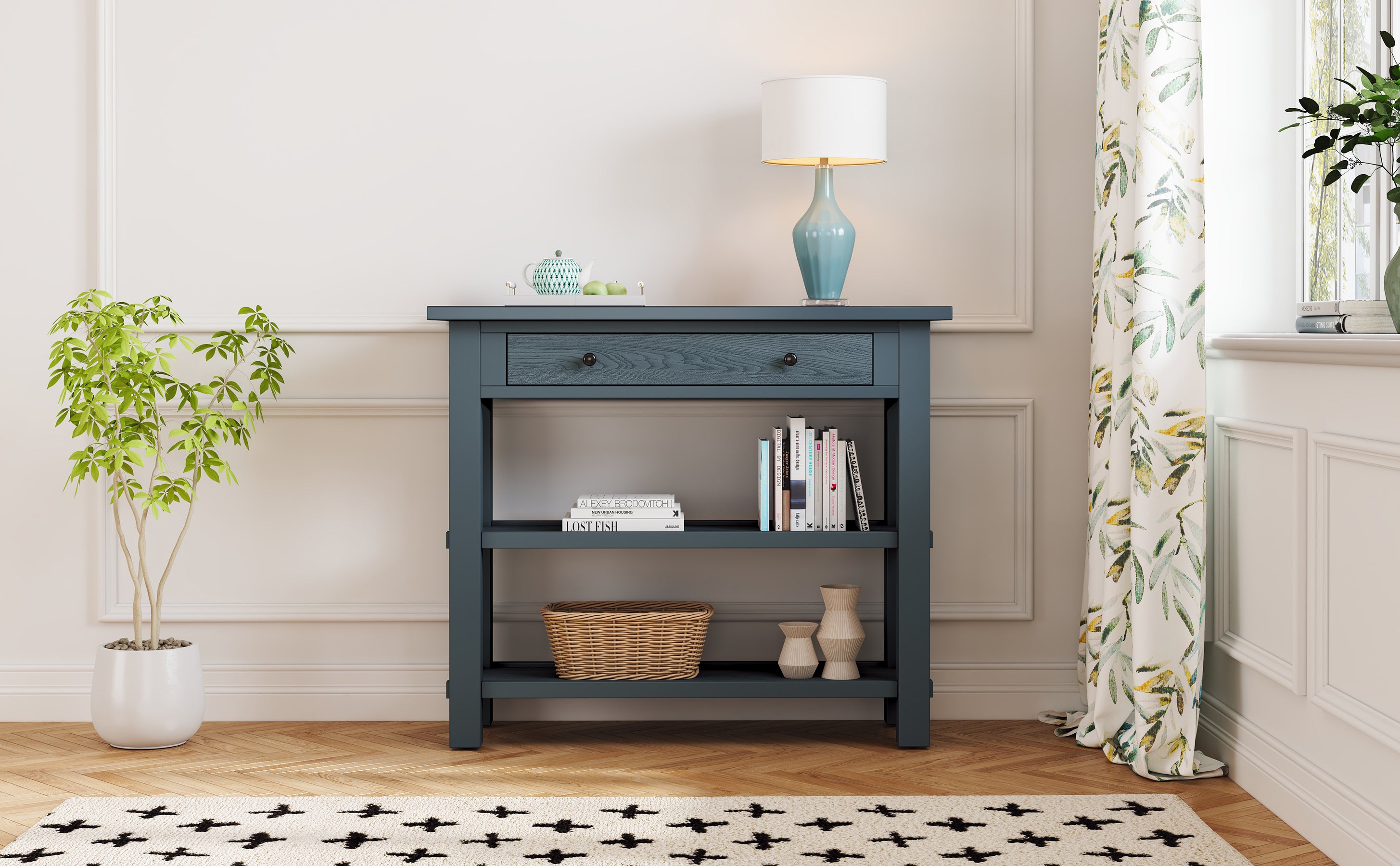 TREXM Retro Console Table with Drawer and Two Sturdy Shelves for Entryway, Living Room (Navy)