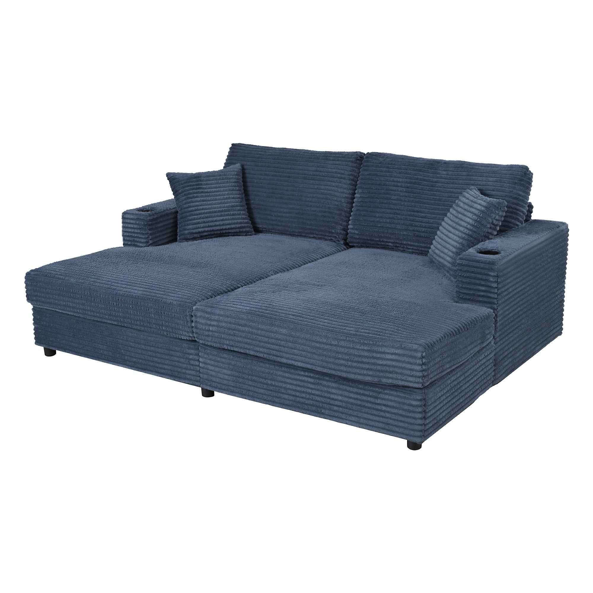 Oversized Loveseat Chaise Lounge Sectional Sofa Bed with USB Ports, Cup Holders, and Throw Pillows, Blue Corduroy